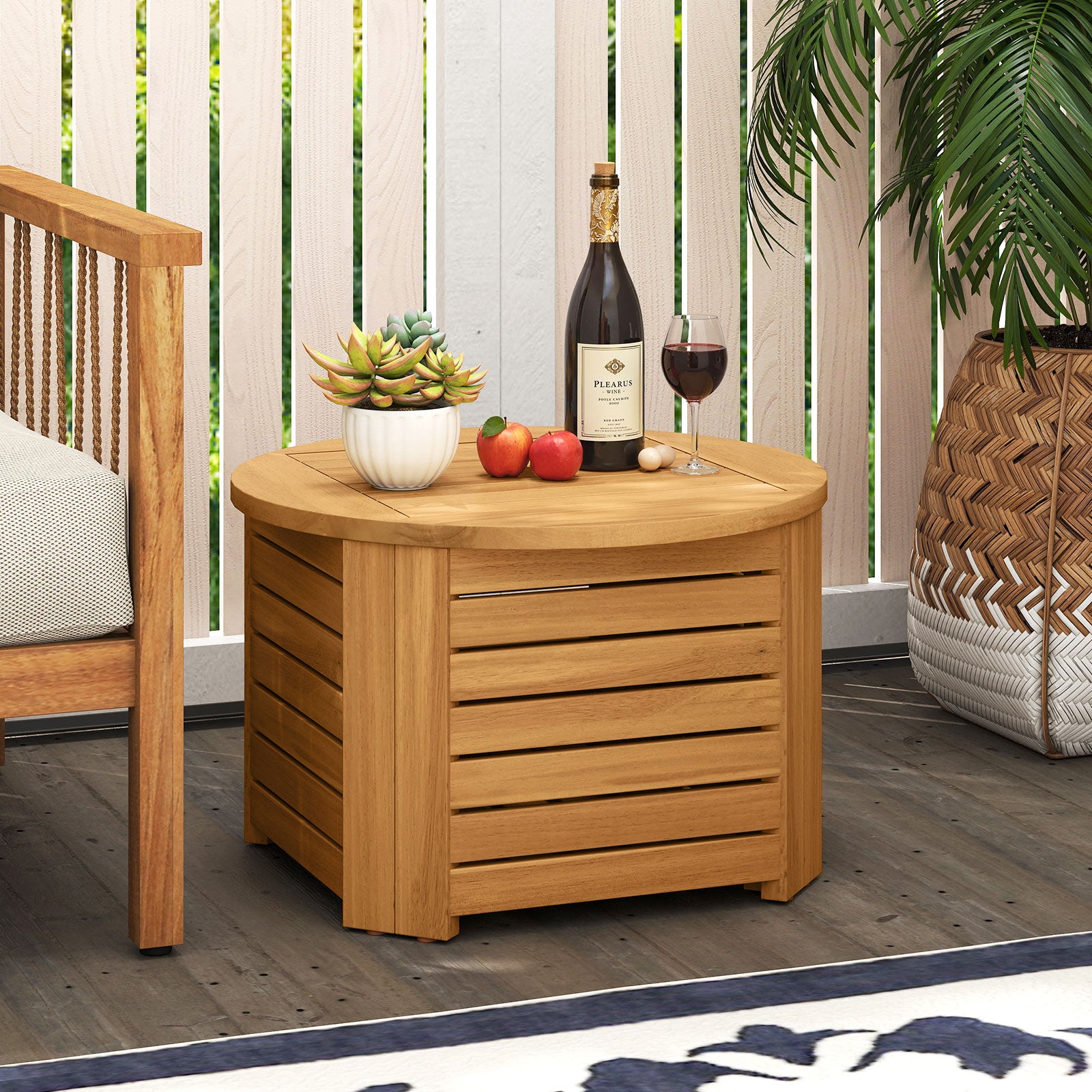 2-in-1 Outdoor Side Table with Storage Acacia Wood Slatted Coffee Table Square and Round Slatted End Storage Box Patio Coffee Tables at Gallery Canada