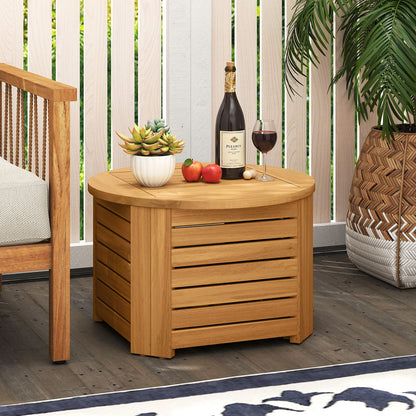2-in-1 Outdoor Side Table with Storage Acacia Wood Slatted Coffee Table Square and Round Slatted End Storage Box Patio Coffee Tables at Gallery Canada