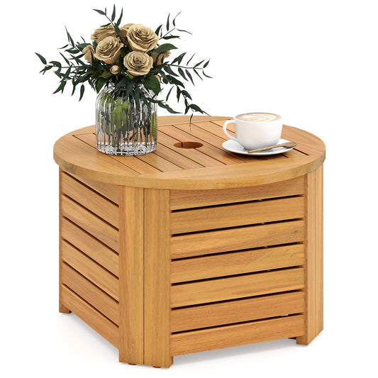 2-in-1 Outdoor Side Table with Storage Acacia Wood Slatted Coffee Table Square and Round Slatted End Storage Box