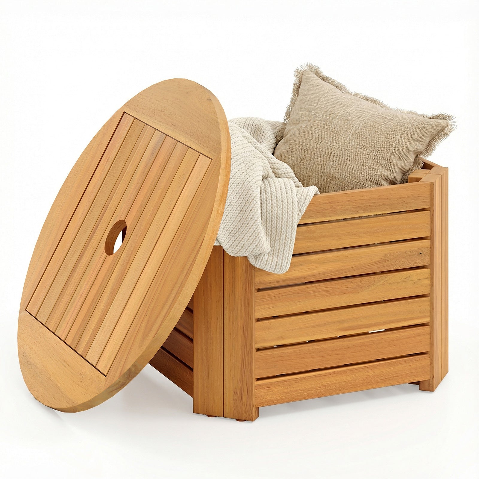 2-in-1 Outdoor Side Table with Storage Acacia Wood Slatted Coffee Table Square and Round Slatted End Storage Box Patio Coffee Tables at Gallery Canada