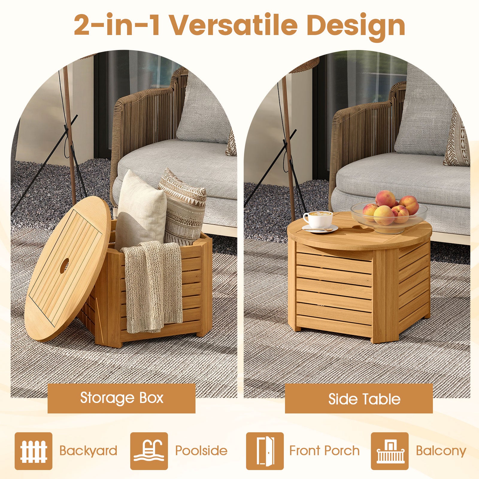 2-in-1 Outdoor Side Table with Storage Acacia Wood Slatted Coffee Table Square and Round Slatted End Storage Box Patio Coffee Tables at Gallery Canada