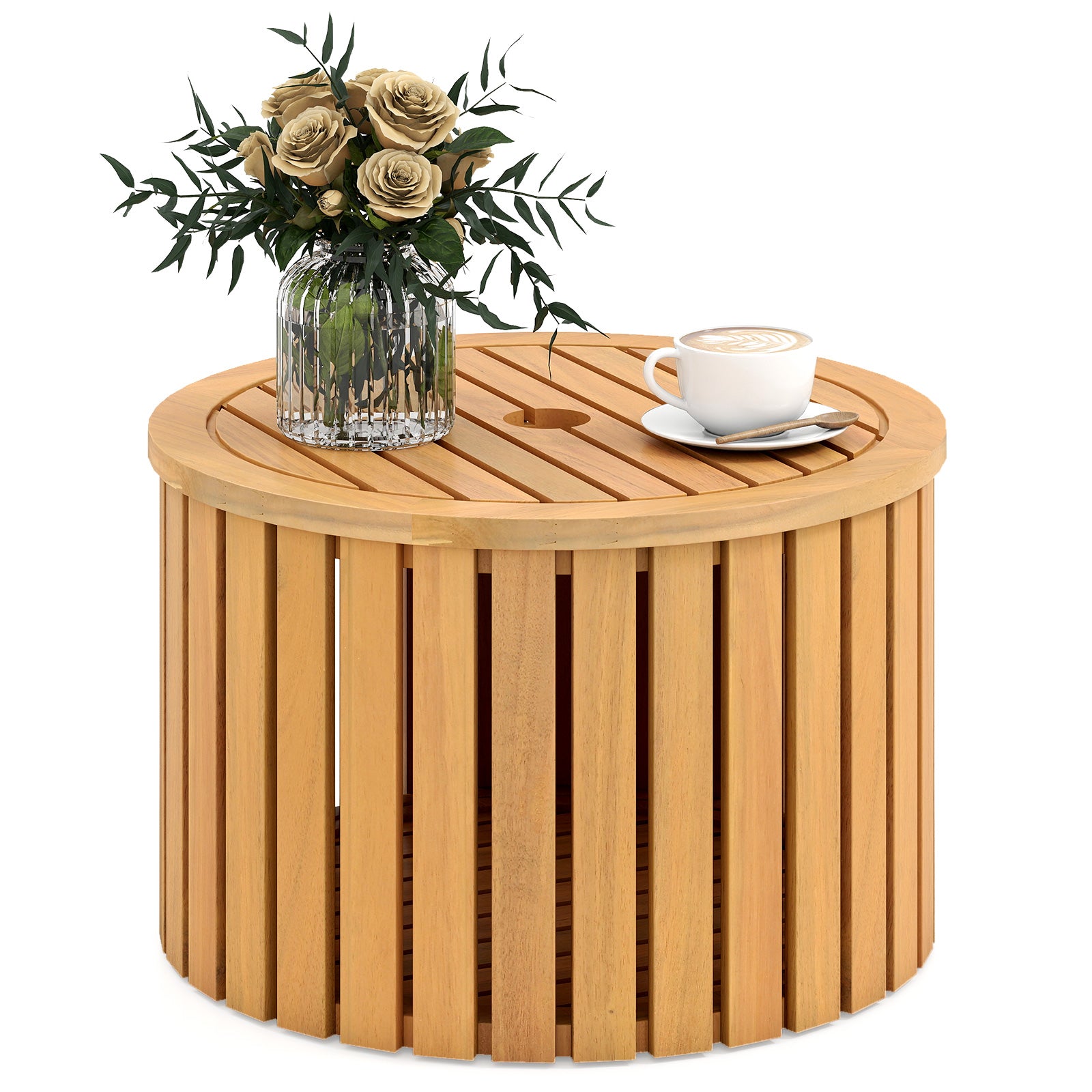 2-in-1 Outdoor Side Table with Storage Acacia Wood Slatted Coffee Table Round Slatted End Storage Box Patio Coffee Tables at Gallery Canada