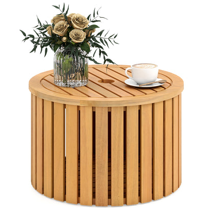 2-in-1 Outdoor Side Table with Storage Acacia Wood Slatted Coffee Table Round Slatted End Storage Box Patio Coffee Tables at Gallery Canada