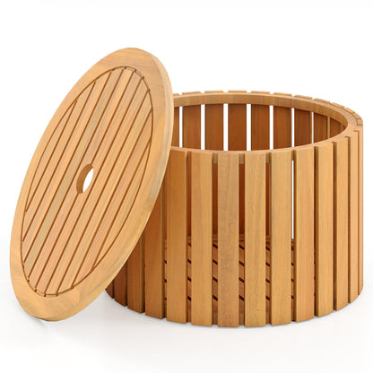 2-in-1 Outdoor Side Table with Storage Acacia Wood Slatted Coffee Table Round Slatted End Storage Box Patio Coffee Tables at Gallery Canada