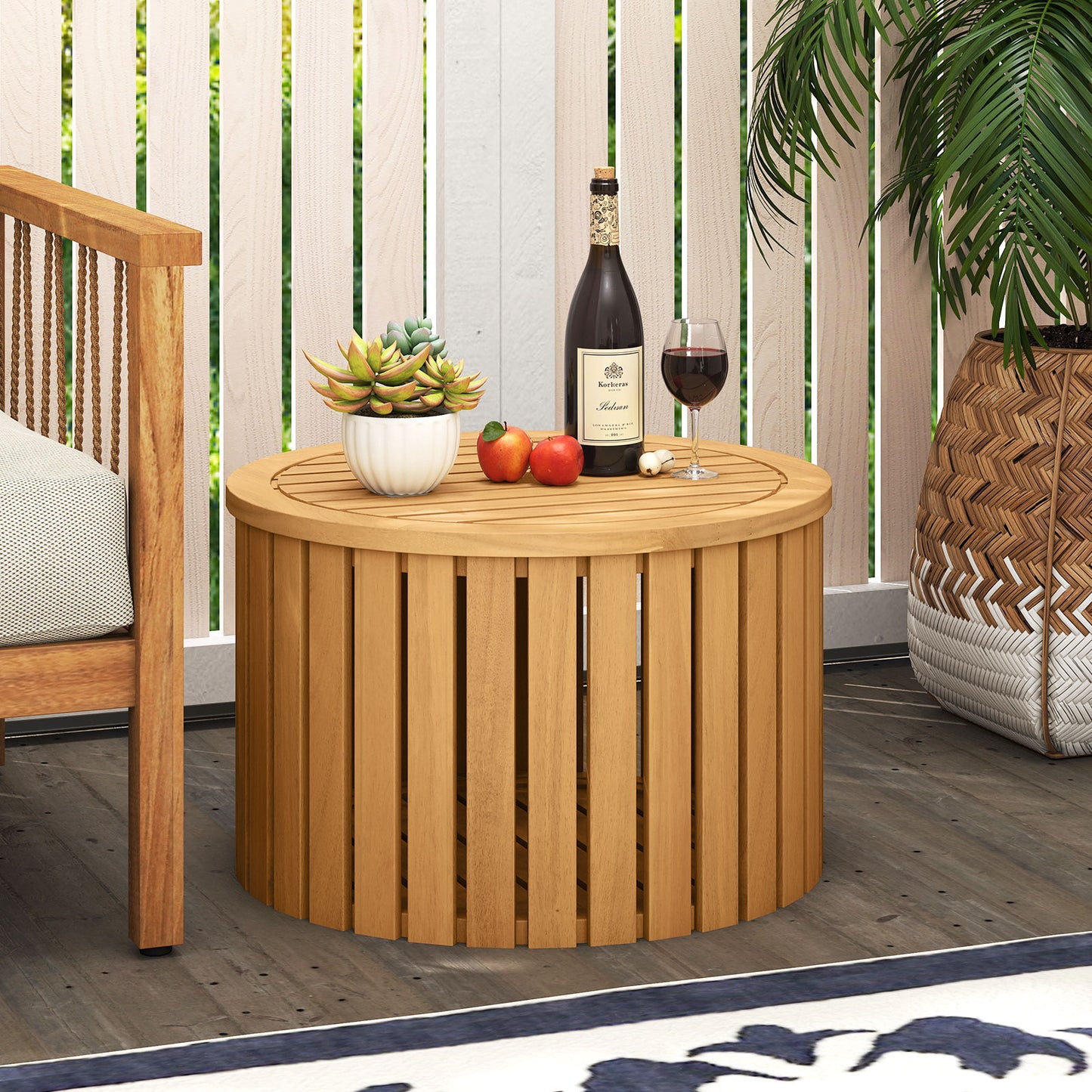 2-in-1 Outdoor Side Table with Storage Acacia Wood Slatted Coffee Table Round Slatted End Storage Box Patio Coffee Tables at Gallery Canada