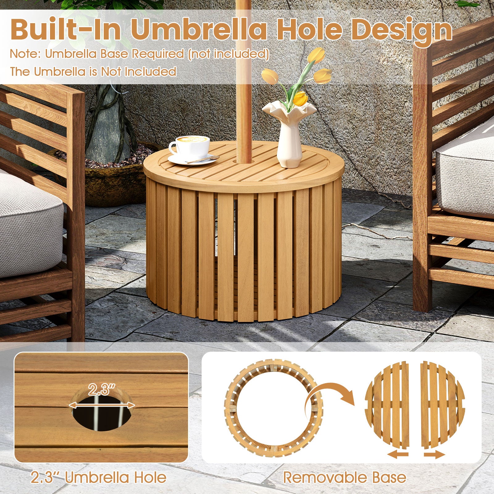 2-in-1 Outdoor Side Table with Storage Acacia Wood Slatted Coffee Table Round Slatted End Storage Box Patio Coffee Tables at Gallery Canada