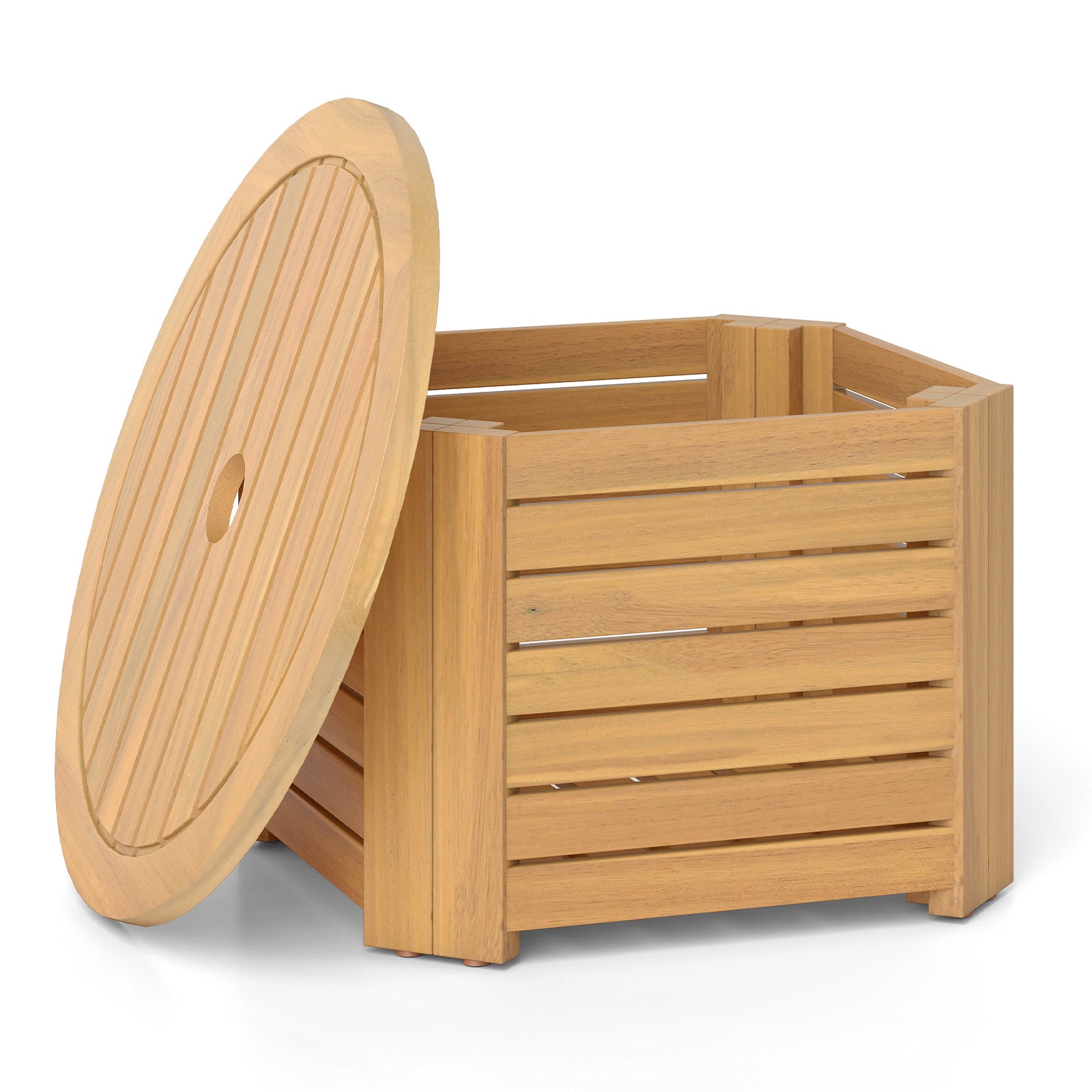 2-in-1 Outdoor Side Table with Storage Acacia Wood Slatted Coffee Table Square and Round Slatted End Storage Box Patio Coffee Tables Options at Gallery Canada