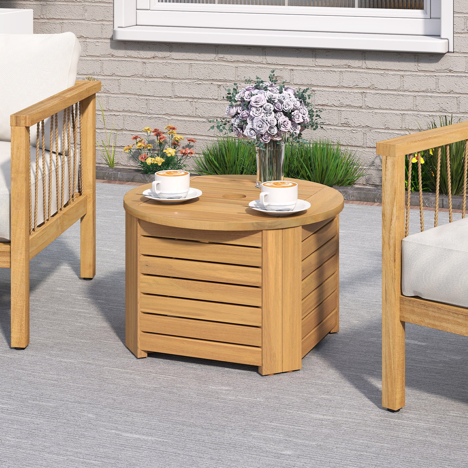 2-in-1 Outdoor Side Table with Storage Acacia Wood Slatted Coffee Table Square and Round Slatted End Storage Box Patio Coffee Tables at Gallery Canada