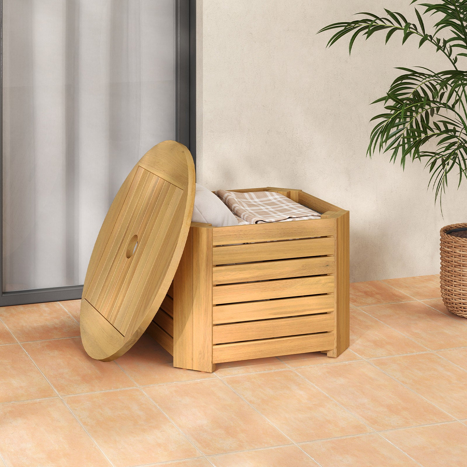 2-in-1 Outdoor Side Table with Storage Acacia Wood Slatted Coffee Table Square and Round Slatted End Storage Box Patio Coffee Tables at Gallery Canada