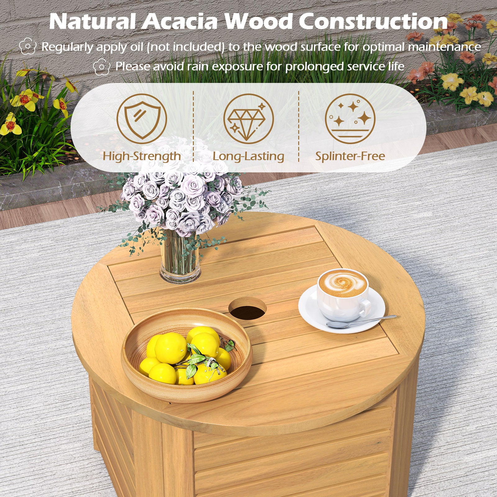 2-in-1 Outdoor Side Table with Storage Acacia Wood Slatted Coffee Table Square and Round Slatted End Storage Box Patio Coffee Tables at Gallery Canada