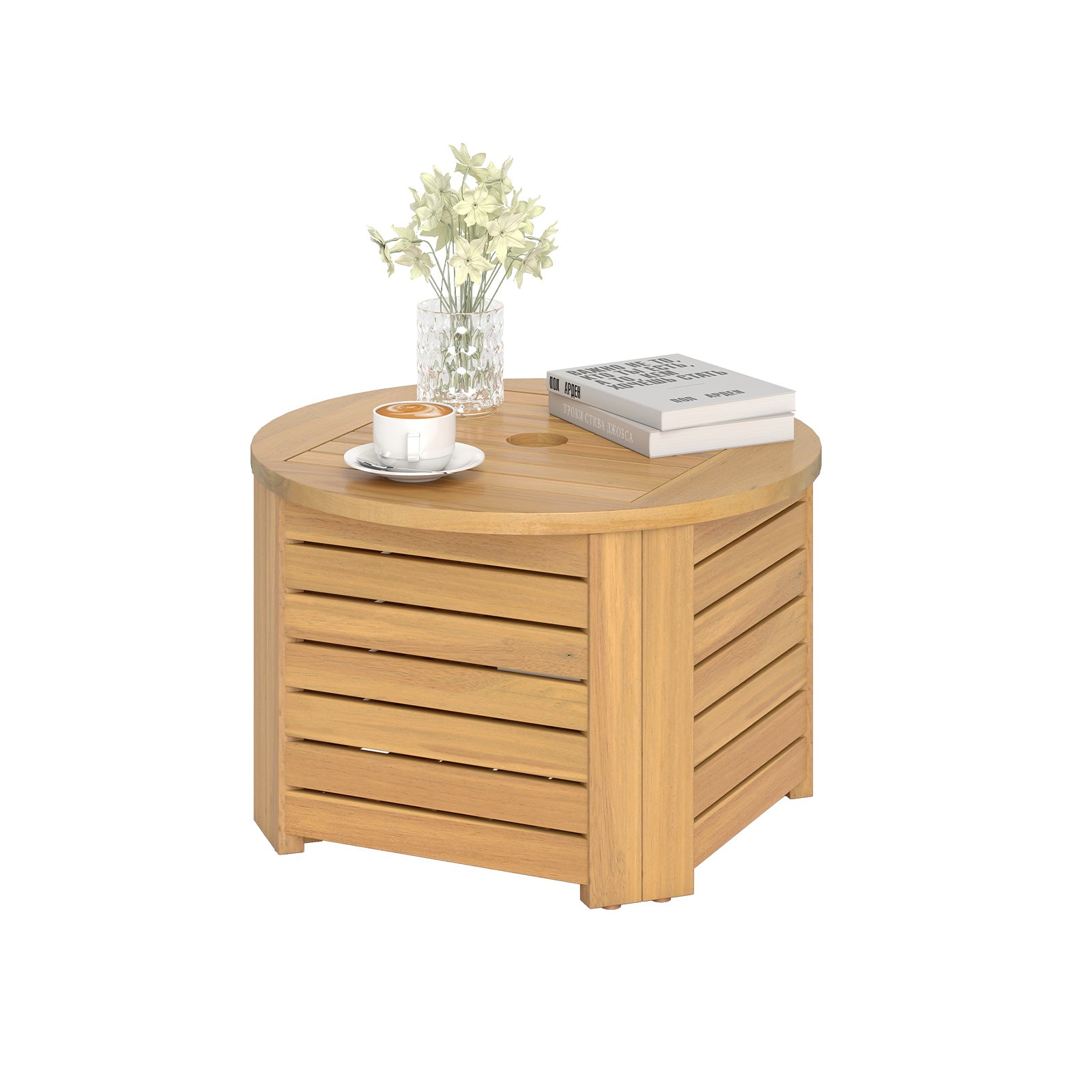 2-in-1 Outdoor Side Table with Storage Acacia Wood Slatted Coffee Table Square and Round Slatted End Storage Box Patio Coffee Tables at Gallery Canada