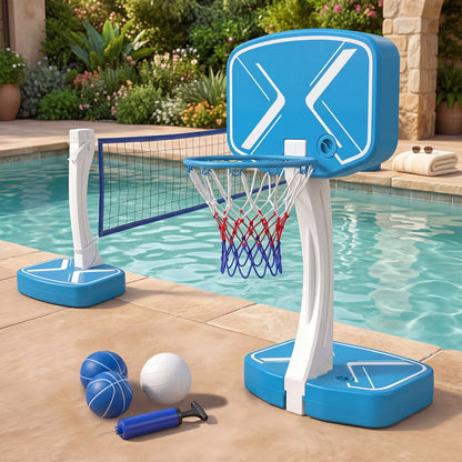 Panier de basket-ball et filet de volley-ball 2-en-1, bleu