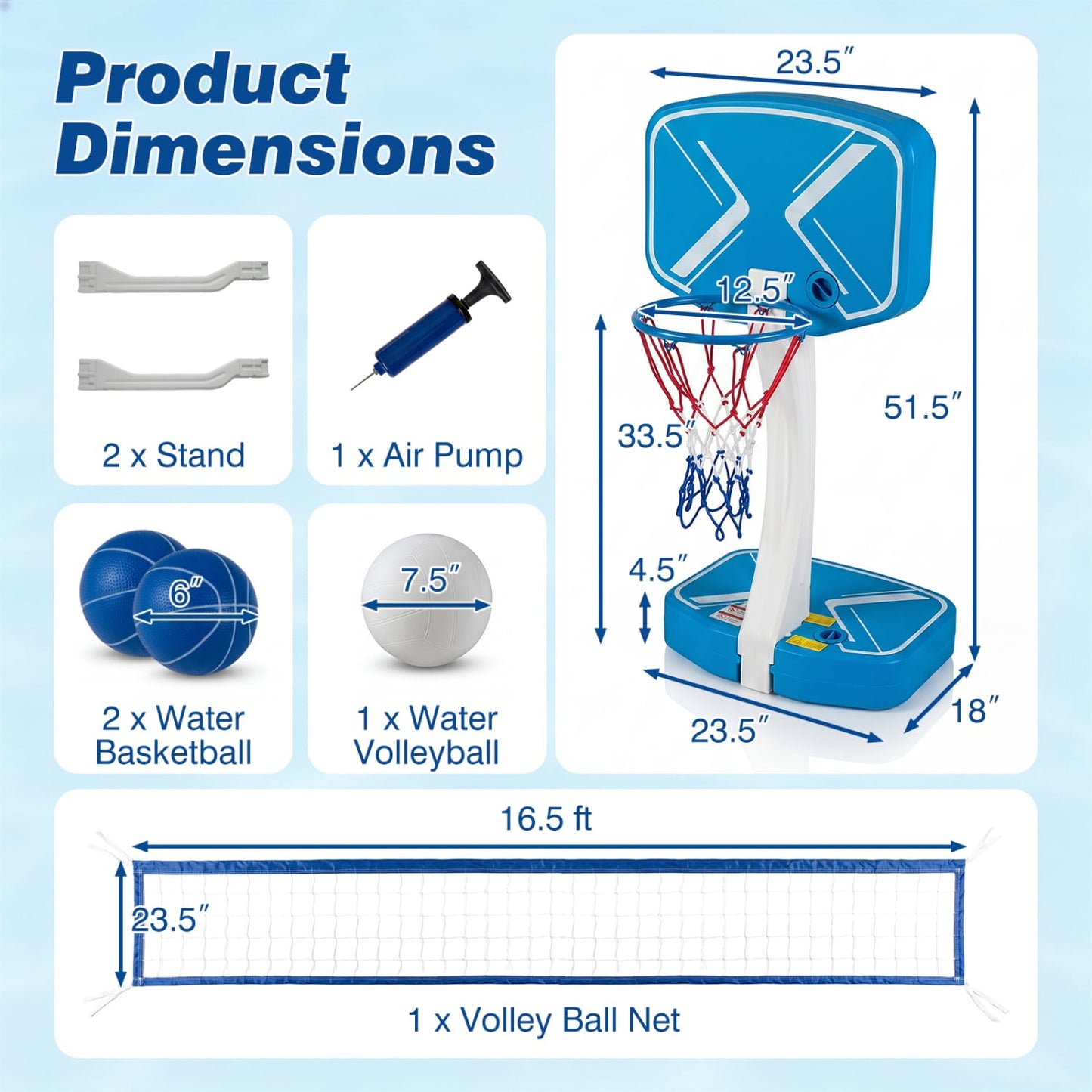 Panier de basket-ball et filet de volley-ball 2-en-1, bleu