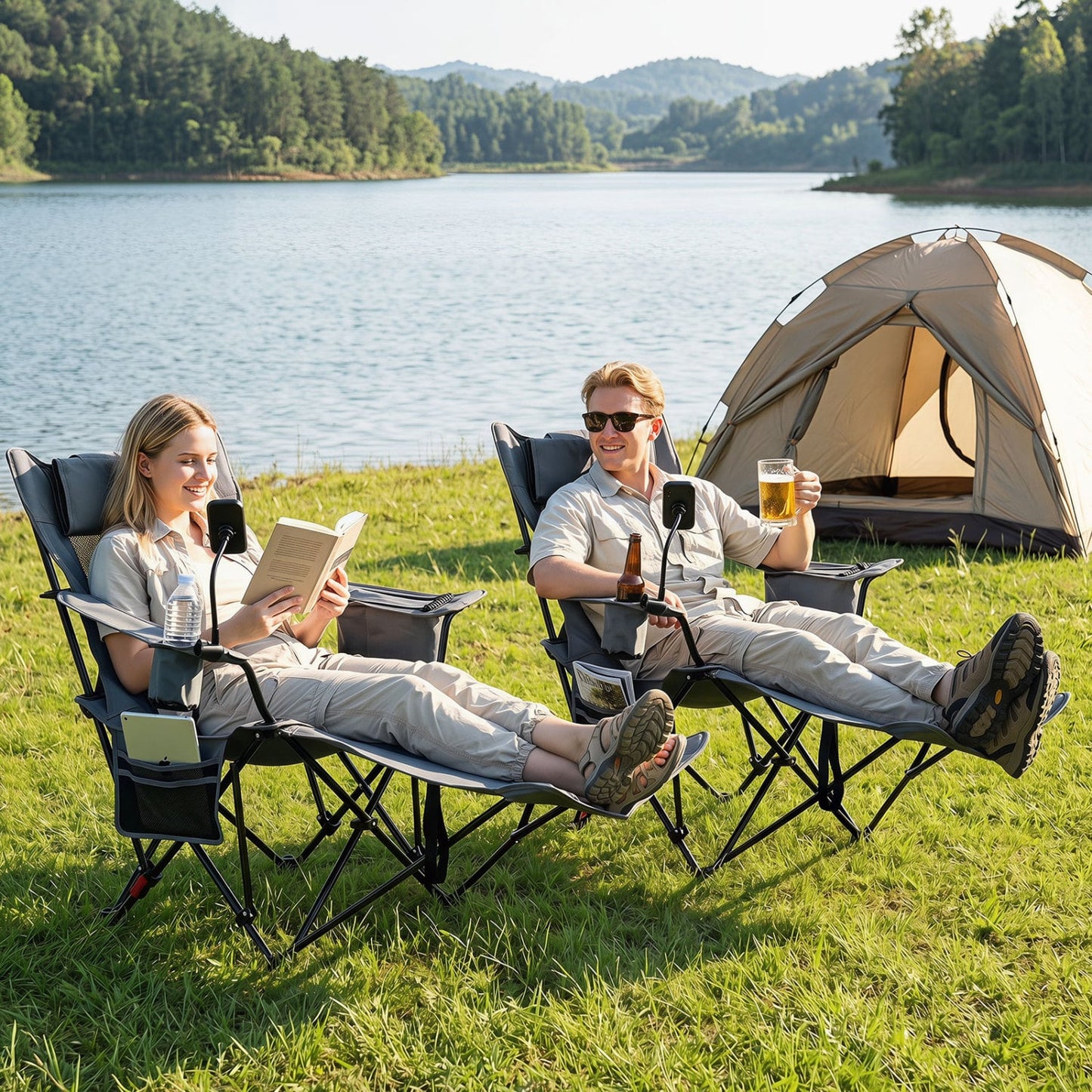 2-in-1 Reclining Camping Chair with 3-Level Adjustable Backrest, Gray Camping Furniture at Gallery Canada