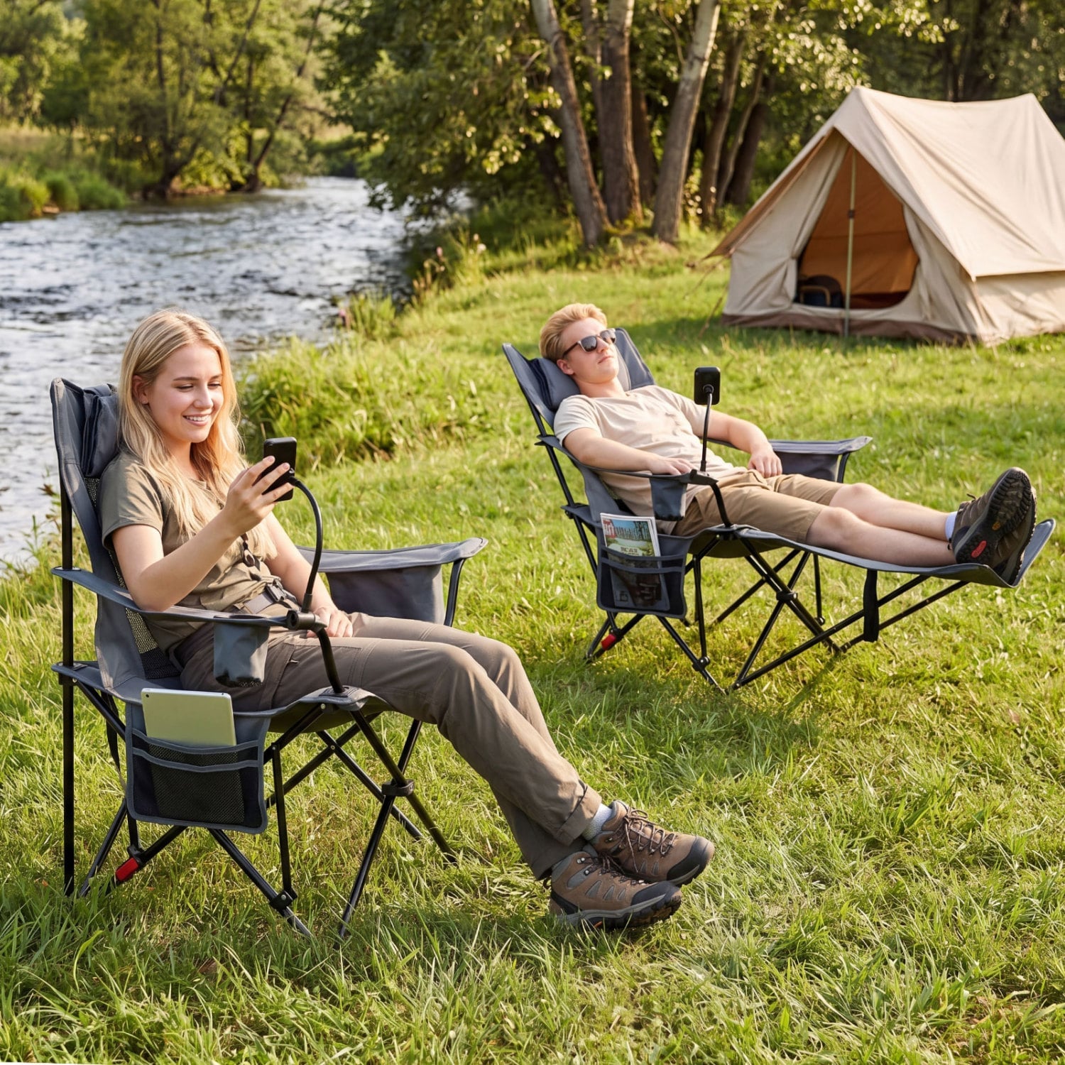 2-in-1 Reclining Camping Chair with 3-Level Adjustable Backrest, Gray Camping Furniture at Gallery Canada