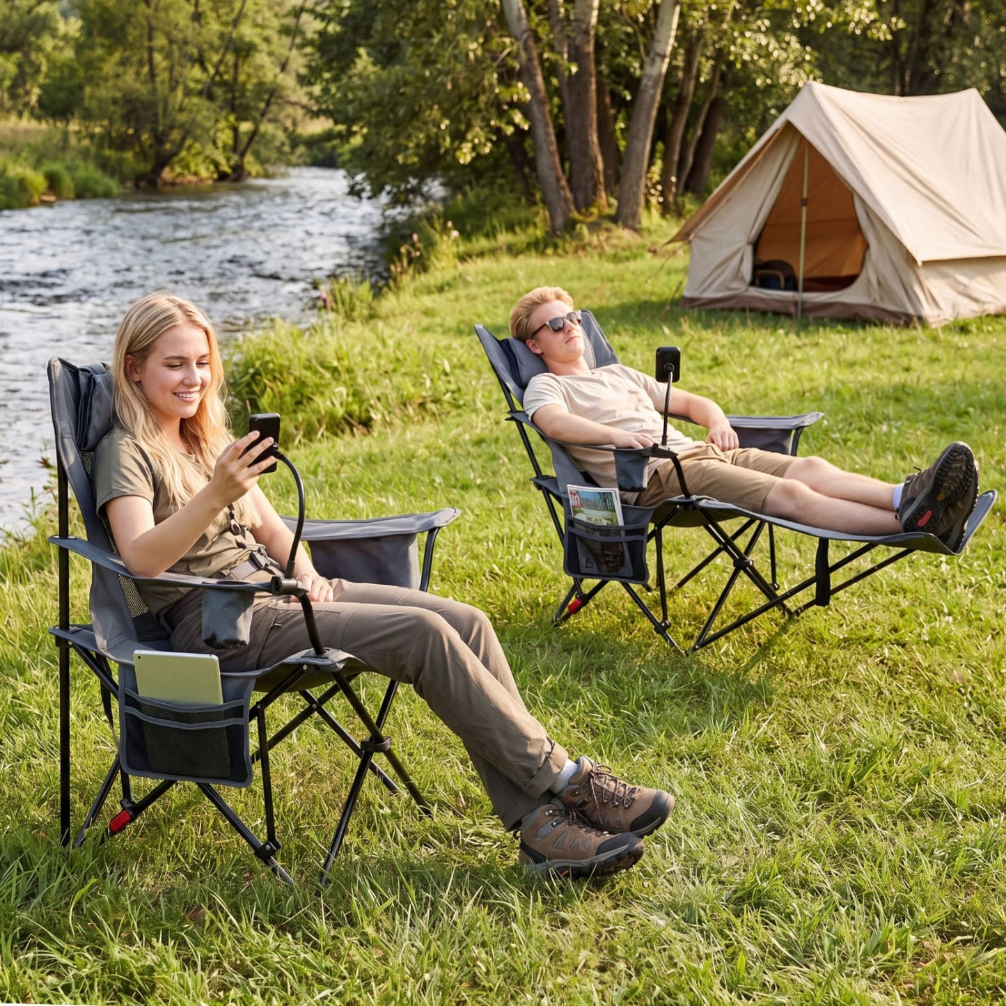 2-in-1 Reclining Camping Chair with 3-Level Adjustable Backrest, Gray Camping Furniture at Gallery Canada