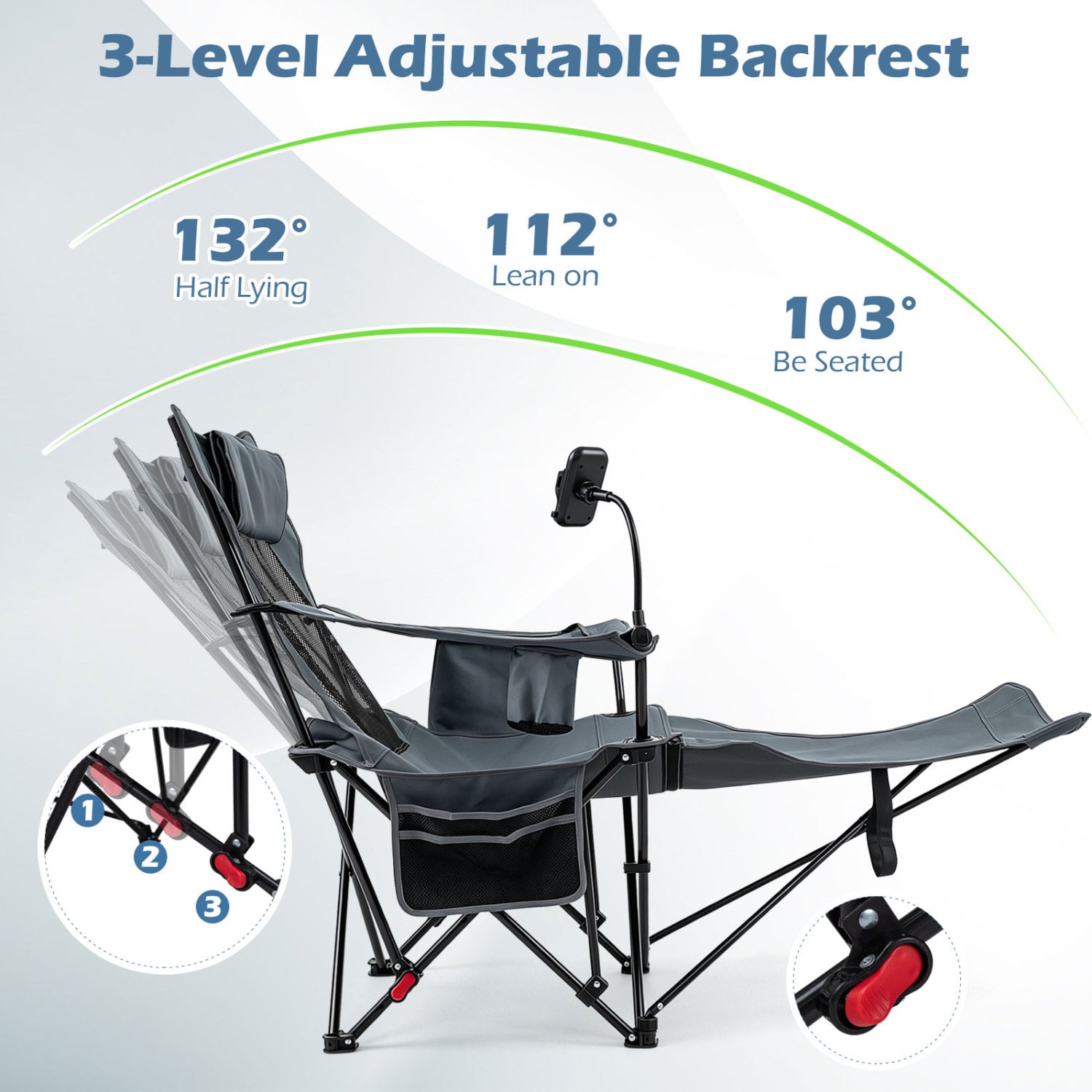 2-in-1 Reclining Camping Chair with 3-Level Adjustable Backrest, Gray Camping Furniture at Gallery Canada