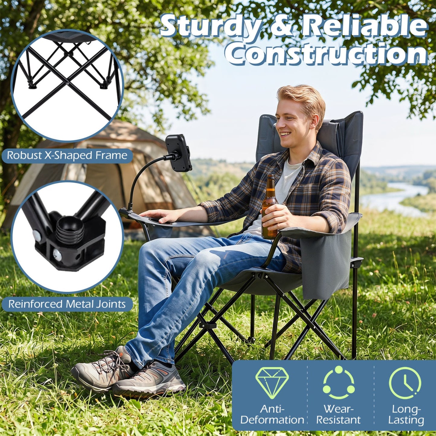 2-in-1 Reclining Camping Chair with 3-Level Adjustable Backrest, Gray Camping Furniture at Gallery Canada