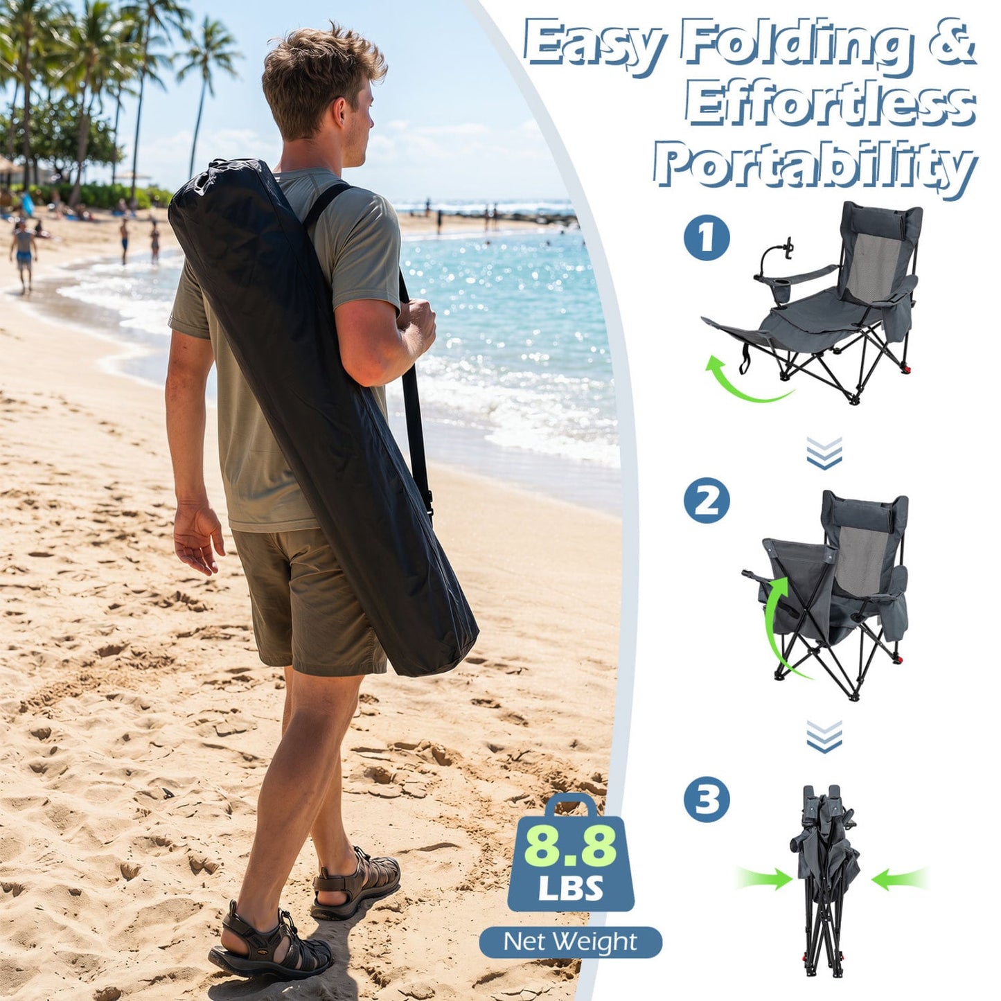 2-in-1 Reclining Camping Chair with 3-Level Adjustable Backrest, Gray Camping Furniture at Gallery Canada