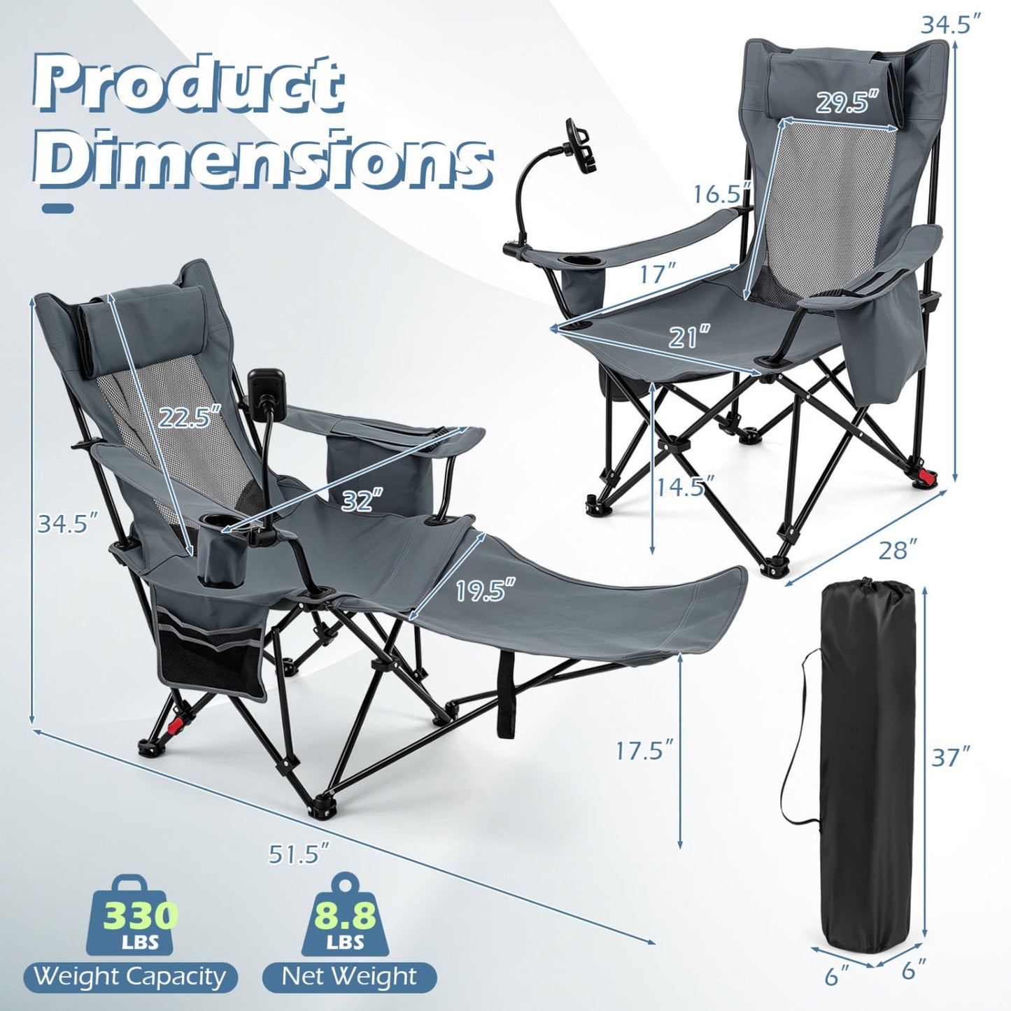 2-in-1 Reclining Camping Chair with 3-Level Adjustable Backrest, Gray Camping Furniture at Gallery Canada