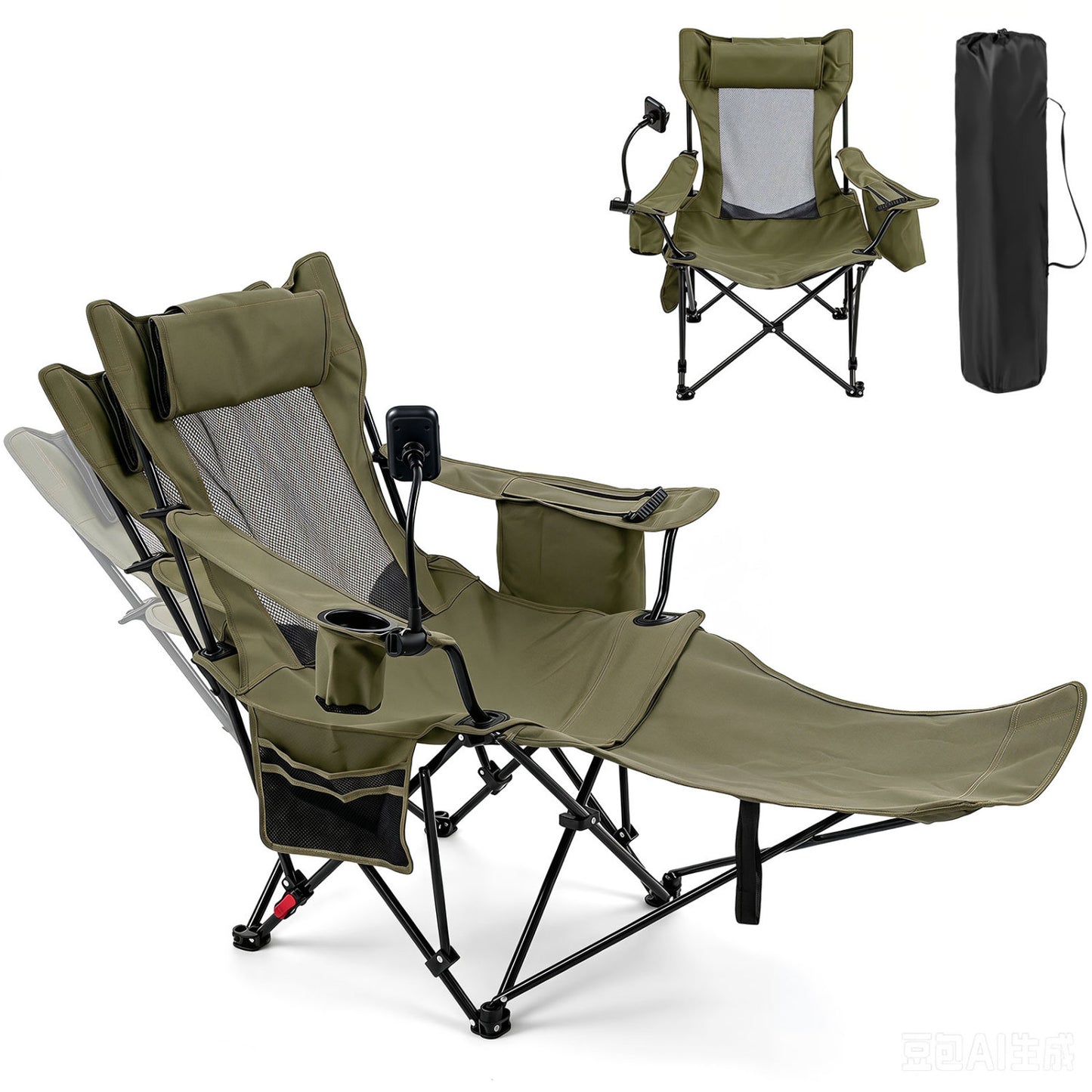 2-in-1 Reclining Camping Chair with 3-Level Adjustable Backrest, Green Camping Furniture Green at Gallery Canada