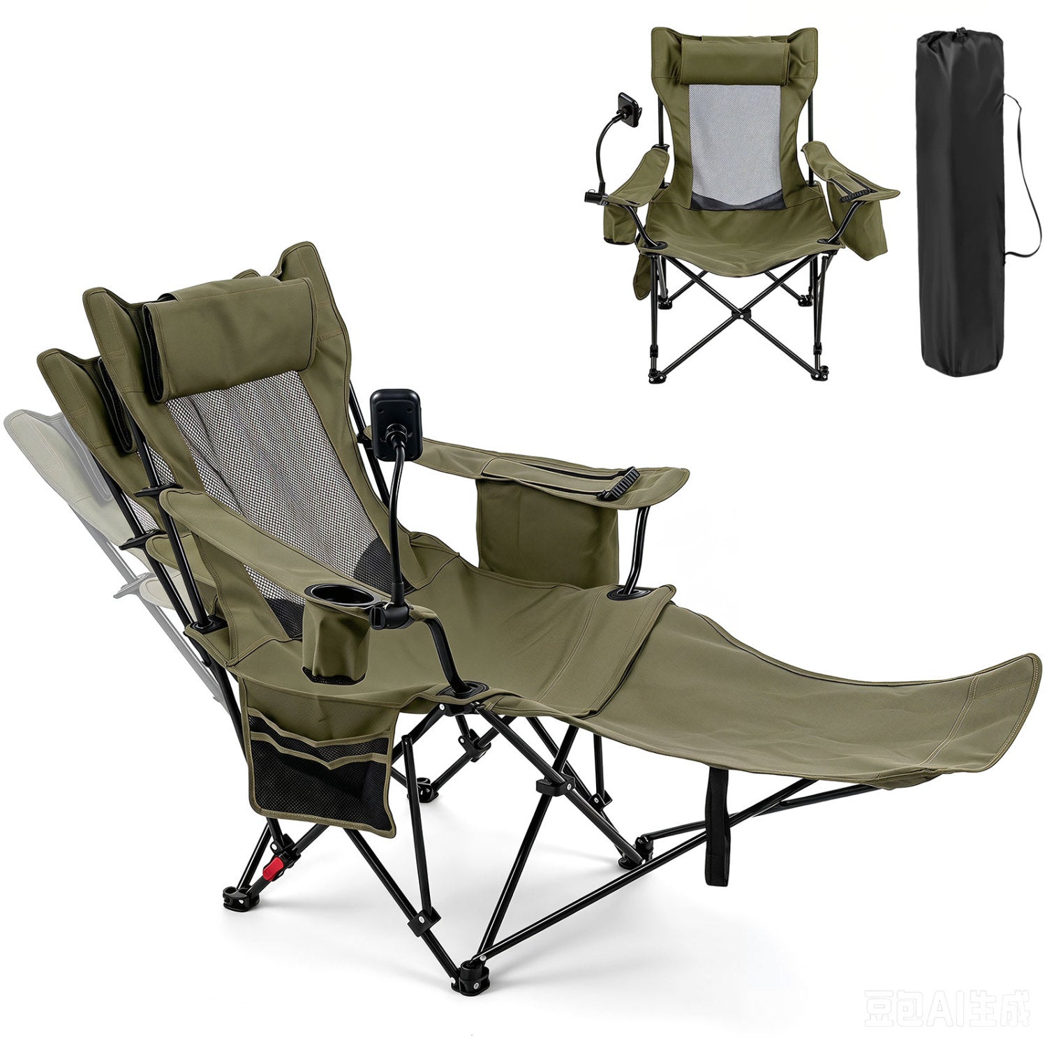 2-in-1 Reclining Camping Chair with 3-Level Adjustable Backrest, Green Camping Furniture at Gallery Canada