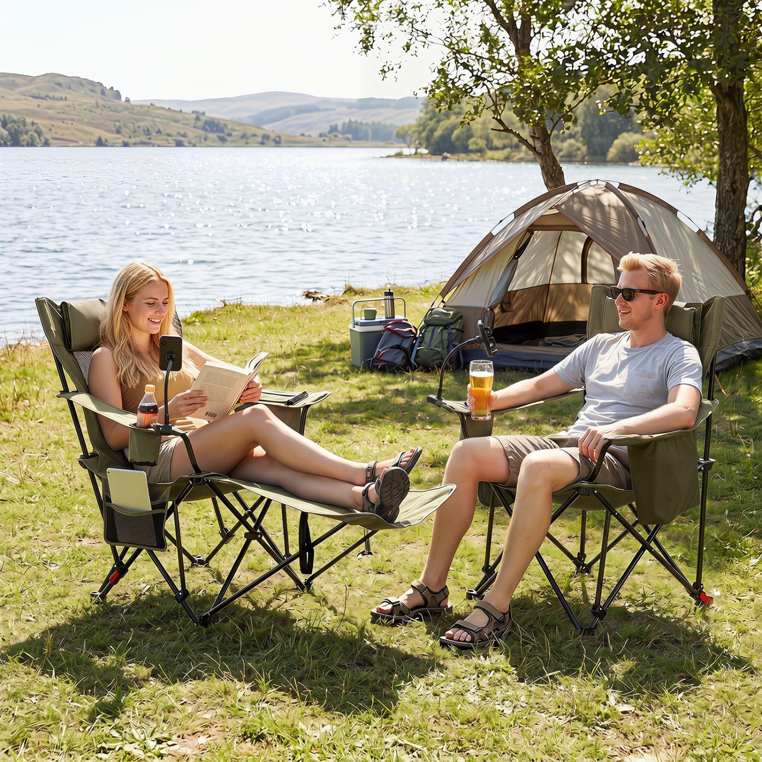 2-in-1 Reclining Camping Chair with 3-Level Adjustable Backrest, Green Camping Furniture at Gallery Canada