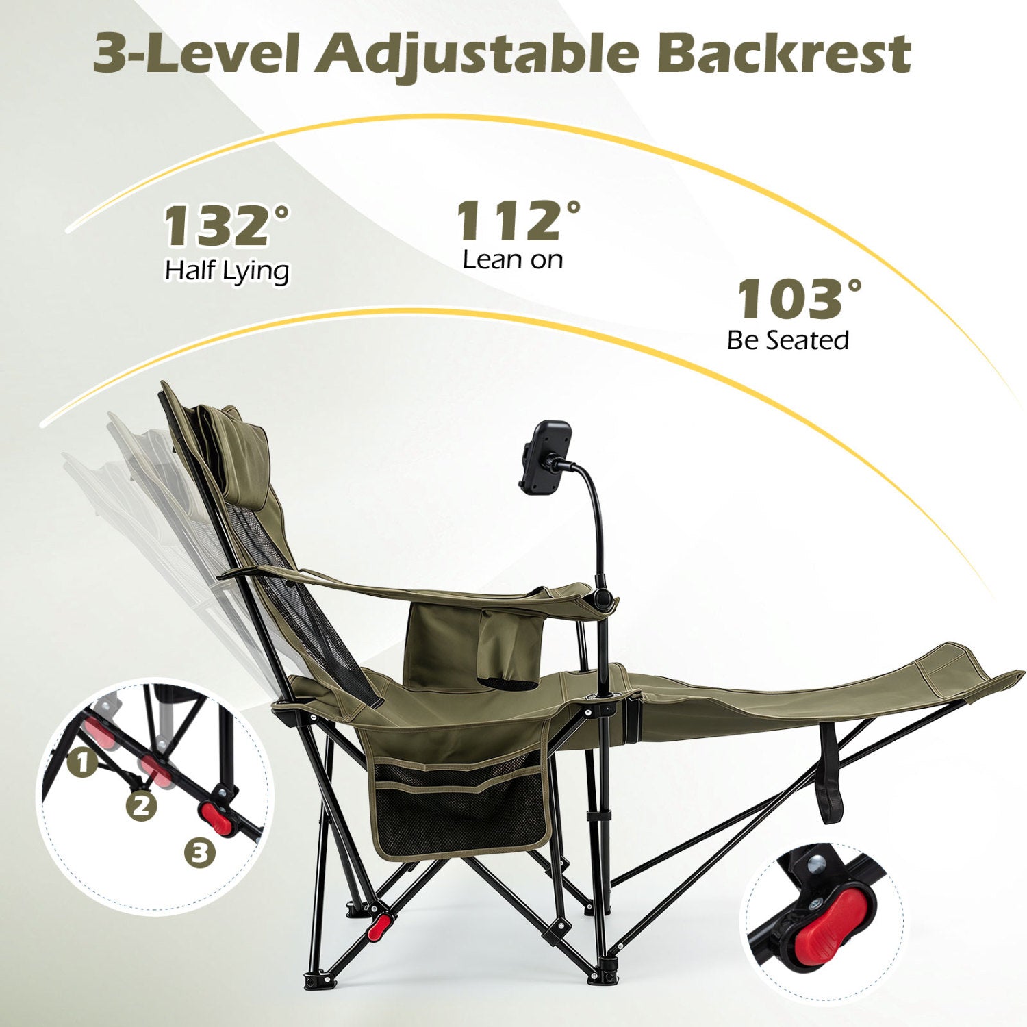 2-in-1 Reclining Camping Chair with 3-Level Adjustable Backrest, Green Camping Furniture at Gallery Canada