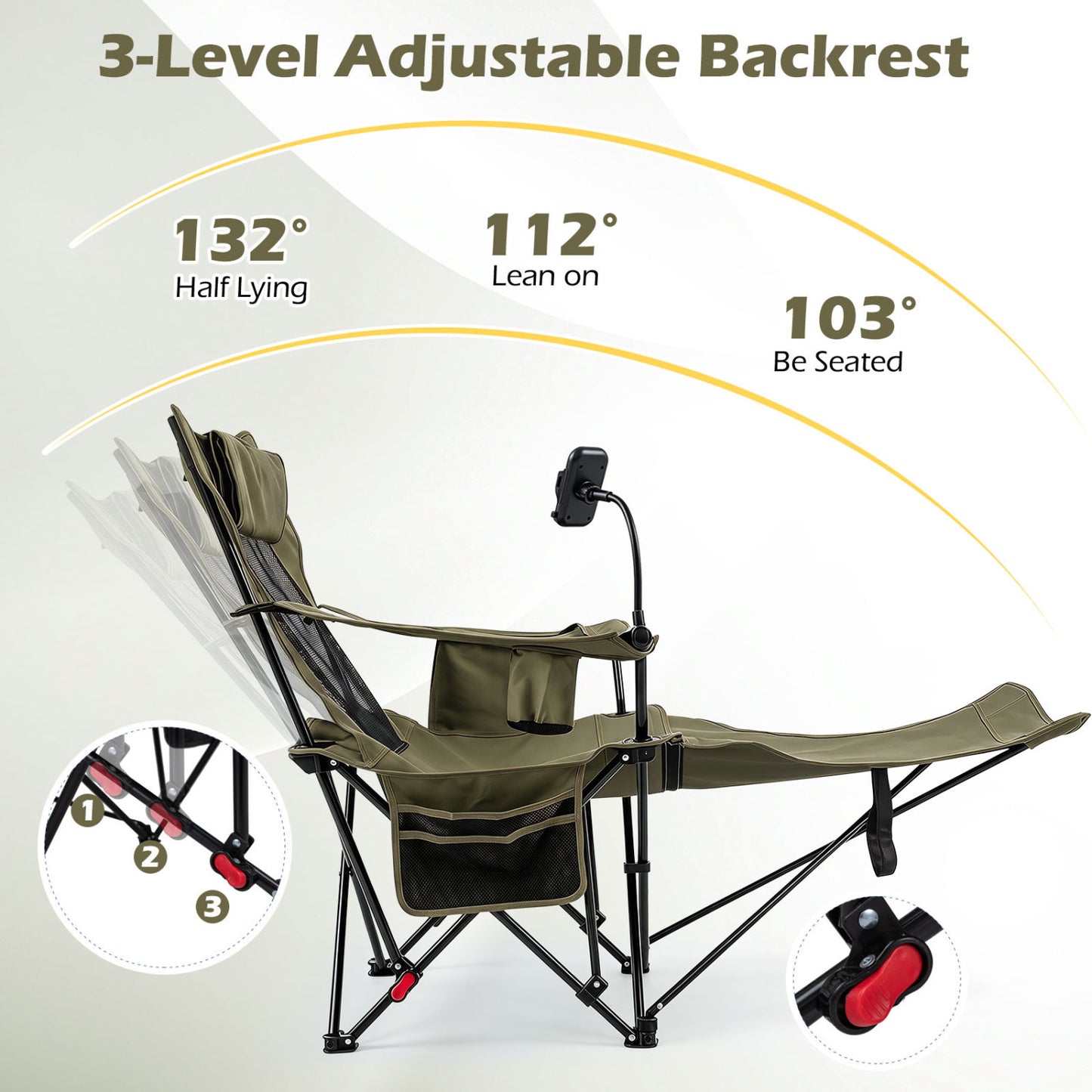 2-in-1 Reclining Camping Chair with 3-Level Adjustable Backrest, Green Camping Furniture at Gallery Canada