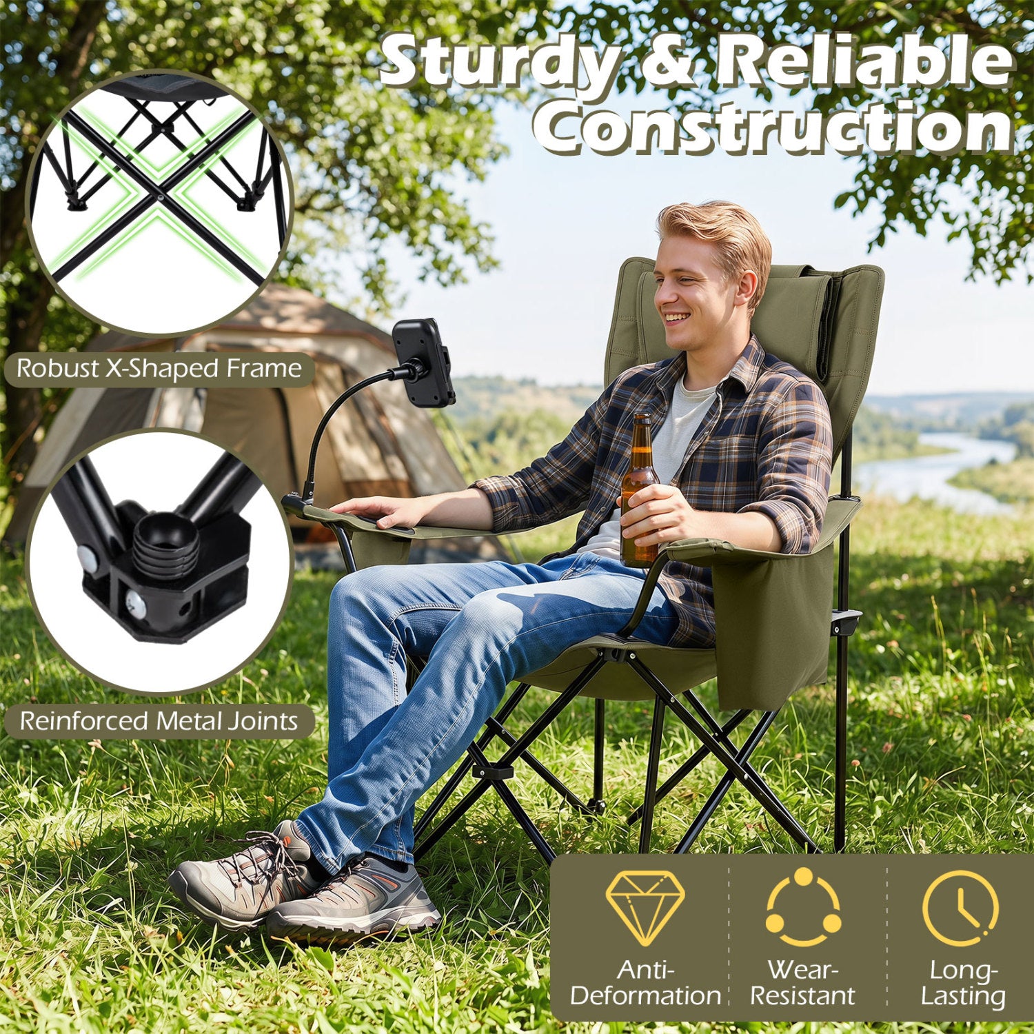 2-in-1 Reclining Camping Chair with 3-Level Adjustable Backrest, Green Camping Furniture at Gallery Canada