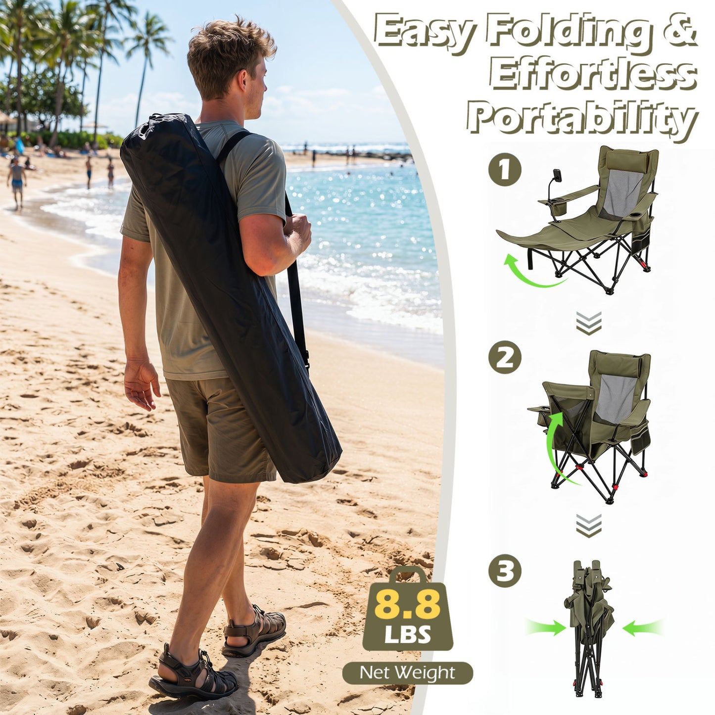 2-in-1 Reclining Camping Chair with 3-Level Adjustable Backrest, Green Camping Furniture at Gallery Canada