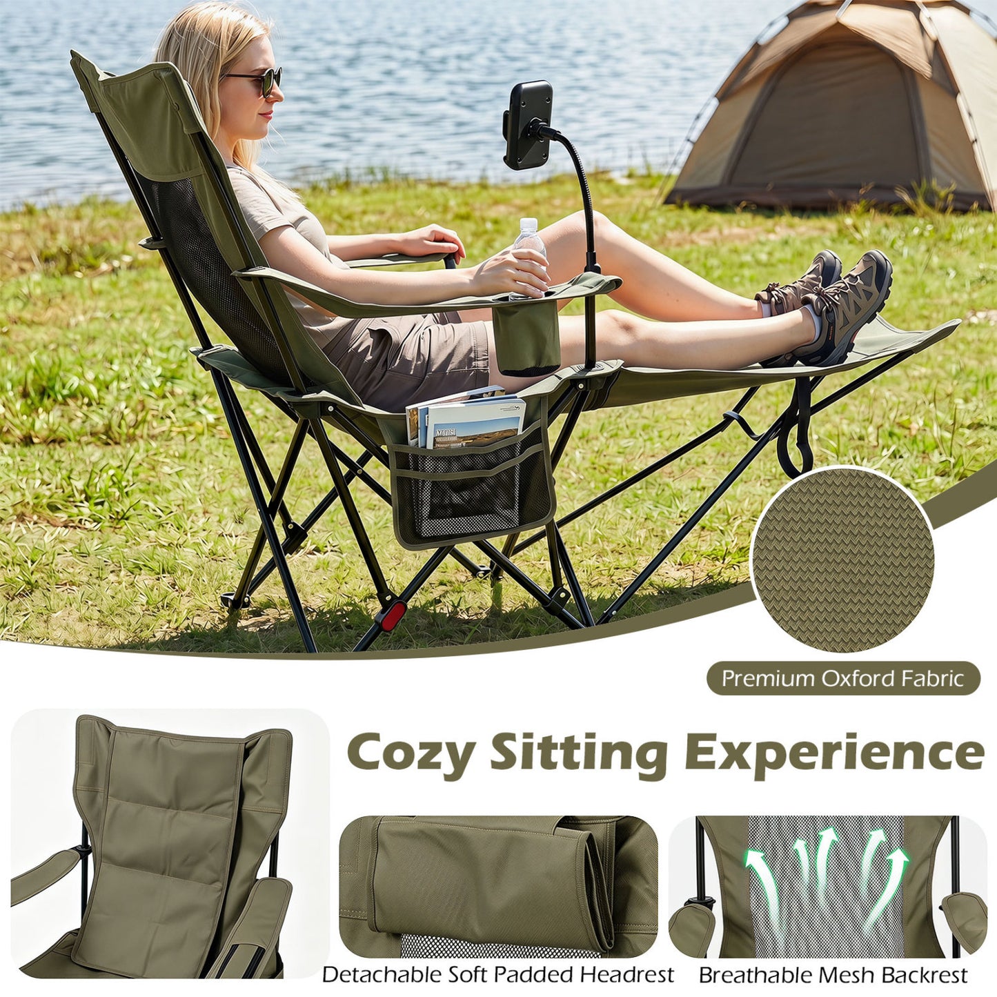 2-in-1 Reclining Camping Chair with 3-Level Adjustable Backrest, Green Camping Furniture at Gallery Canada
