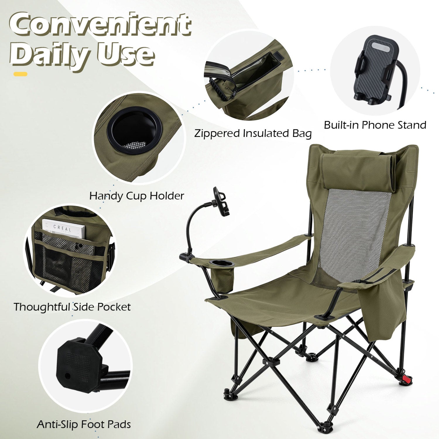 2-in-1 Reclining Camping Chair with 3-Level Adjustable Backrest, Green Camping Furniture at Gallery Canada