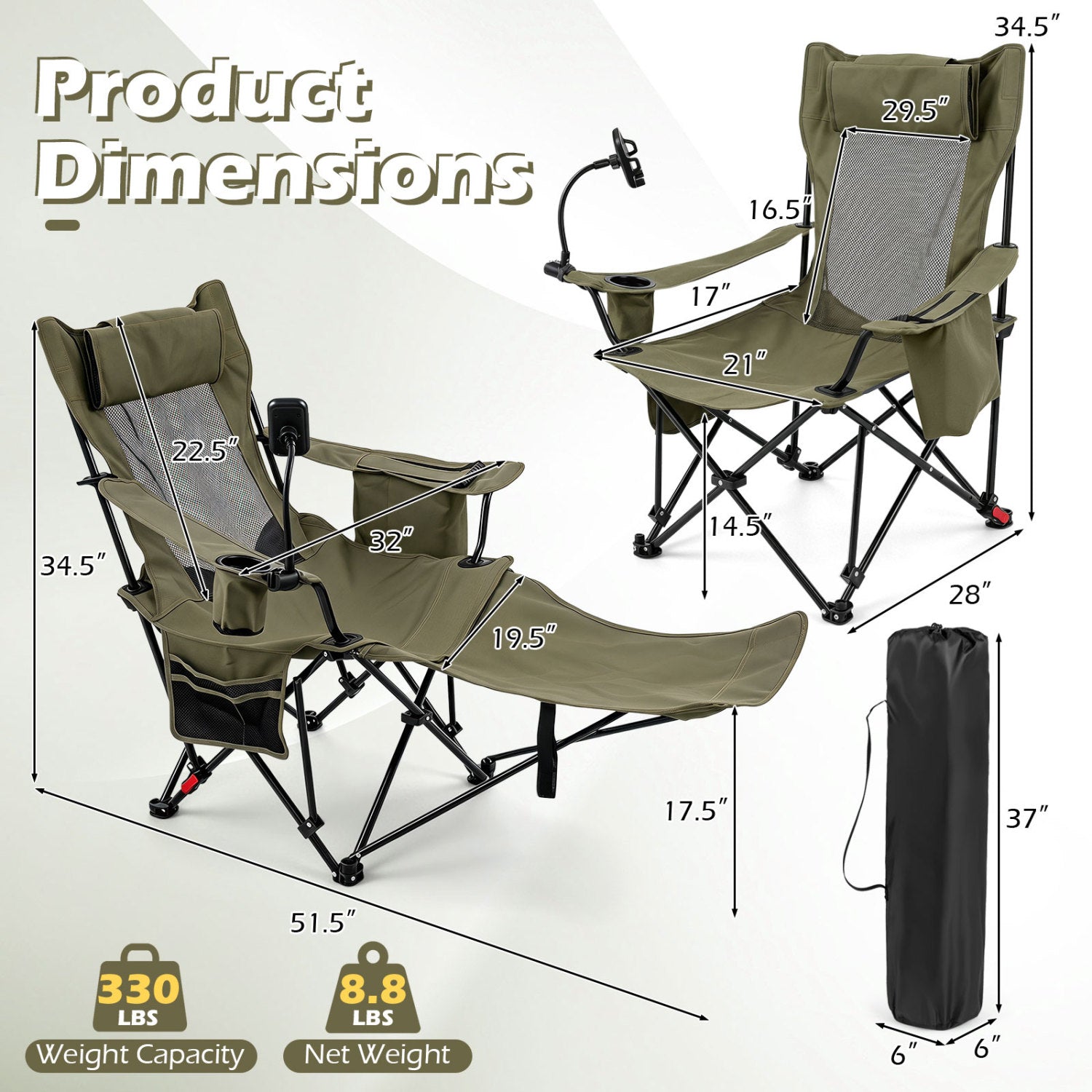 2-in-1 Reclining Camping Chair with 3-Level Adjustable Backrest, Green Camping Furniture at Gallery Canada
