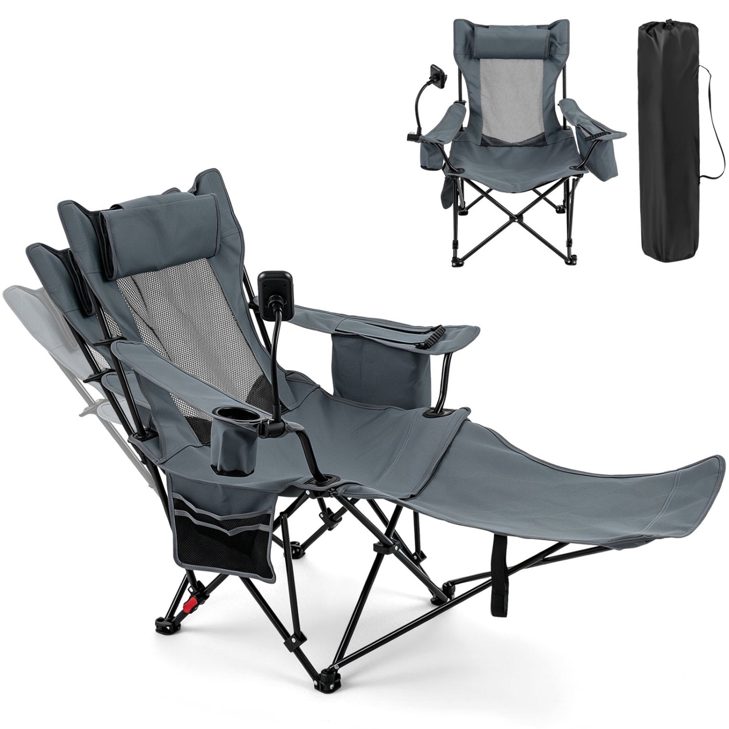 2-in-1 Reclining Camping Chair with 3-Level Adjustable Backrest, Gray Camping Furniture Gray at Gallery Canada