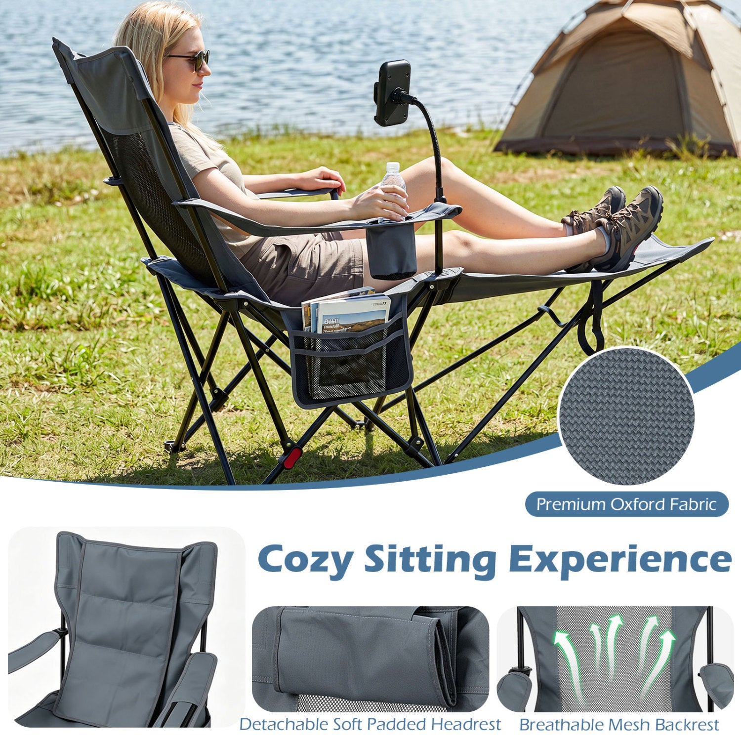 2-in-1 Reclining Camping Chair with 3-Level Adjustable Backrest, Gray Camping Furniture at Gallery Canada