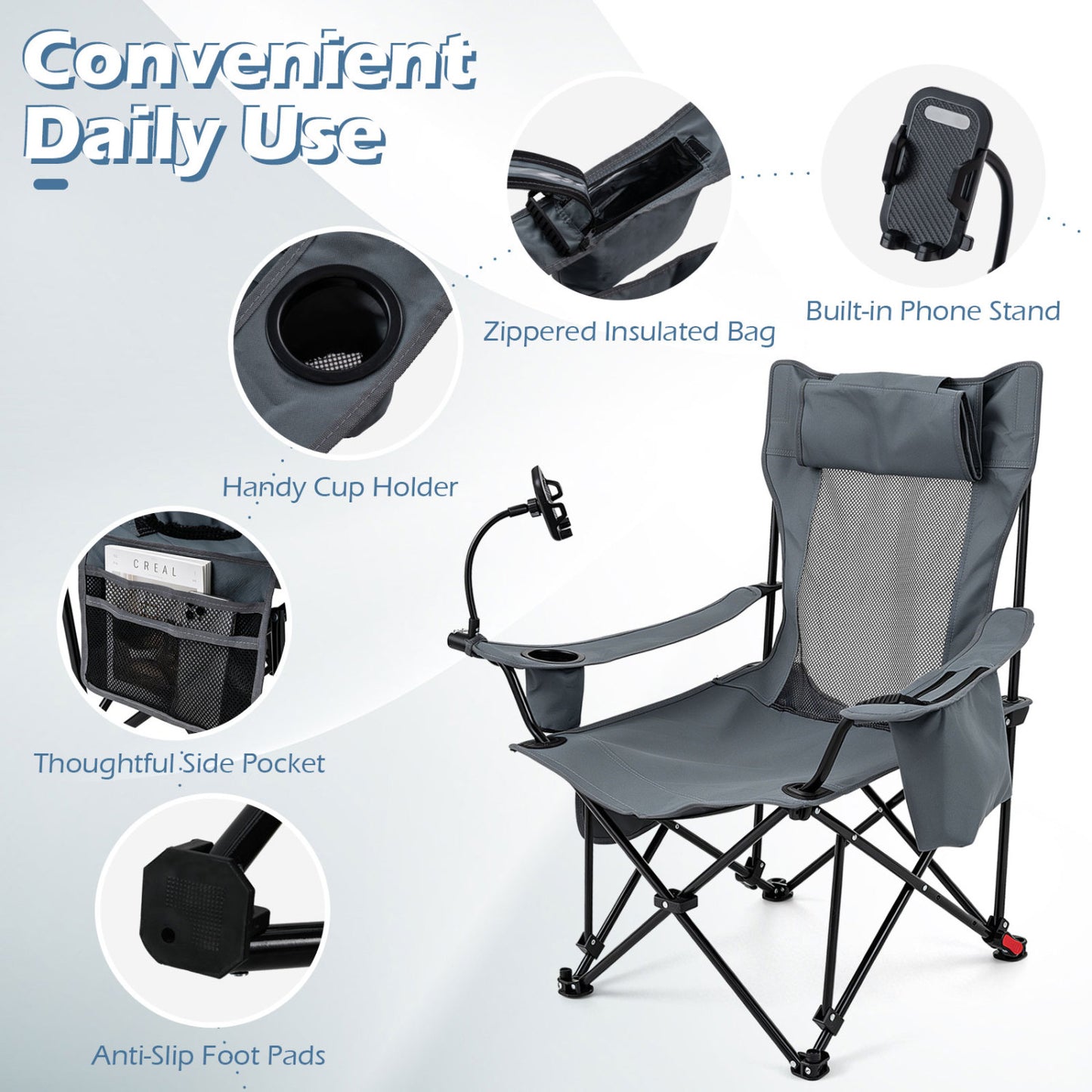 2-in-1 Reclining Camping Chair with 3-Level Adjustable Backrest, Gray Camping Furniture at Gallery Canada