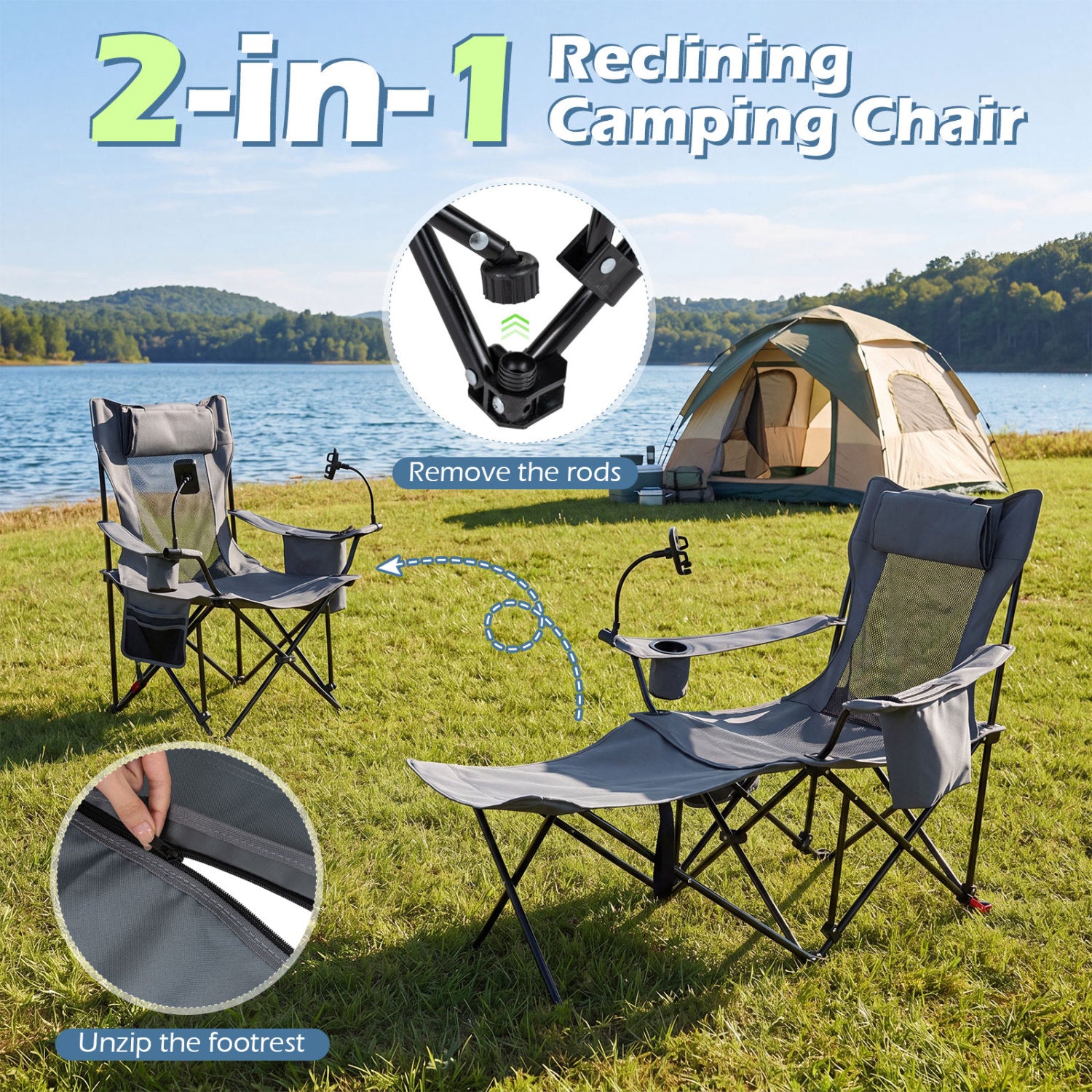 2-in-1 Reclining Camping Chair with 3-Level Adjustable Backrest, Gray Camping Furniture at Gallery Canada