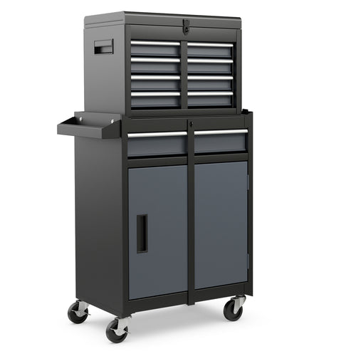 2-In-1 Rolling Tool Chest, 5 Sliding Lockable Drawers, Gray, Black