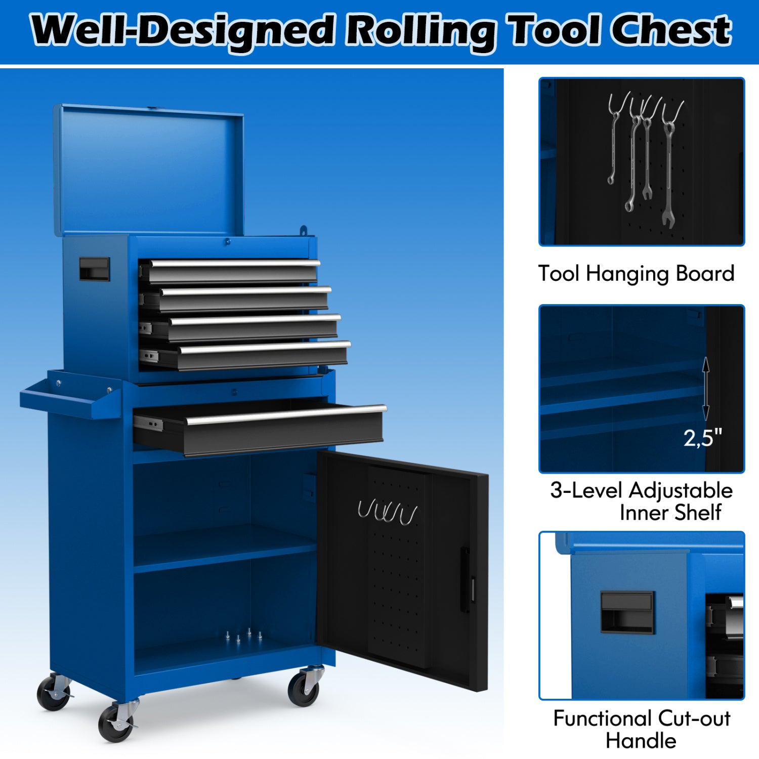 2-In-1 Rolling Tool Chest, 5 Sliding Lockable Drawers, Navy Garages at Gallery Canada