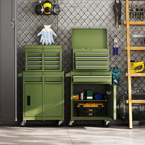 2-In-1 Rolling Tool Chest, 5 Sliding Lockable Drawers, Green