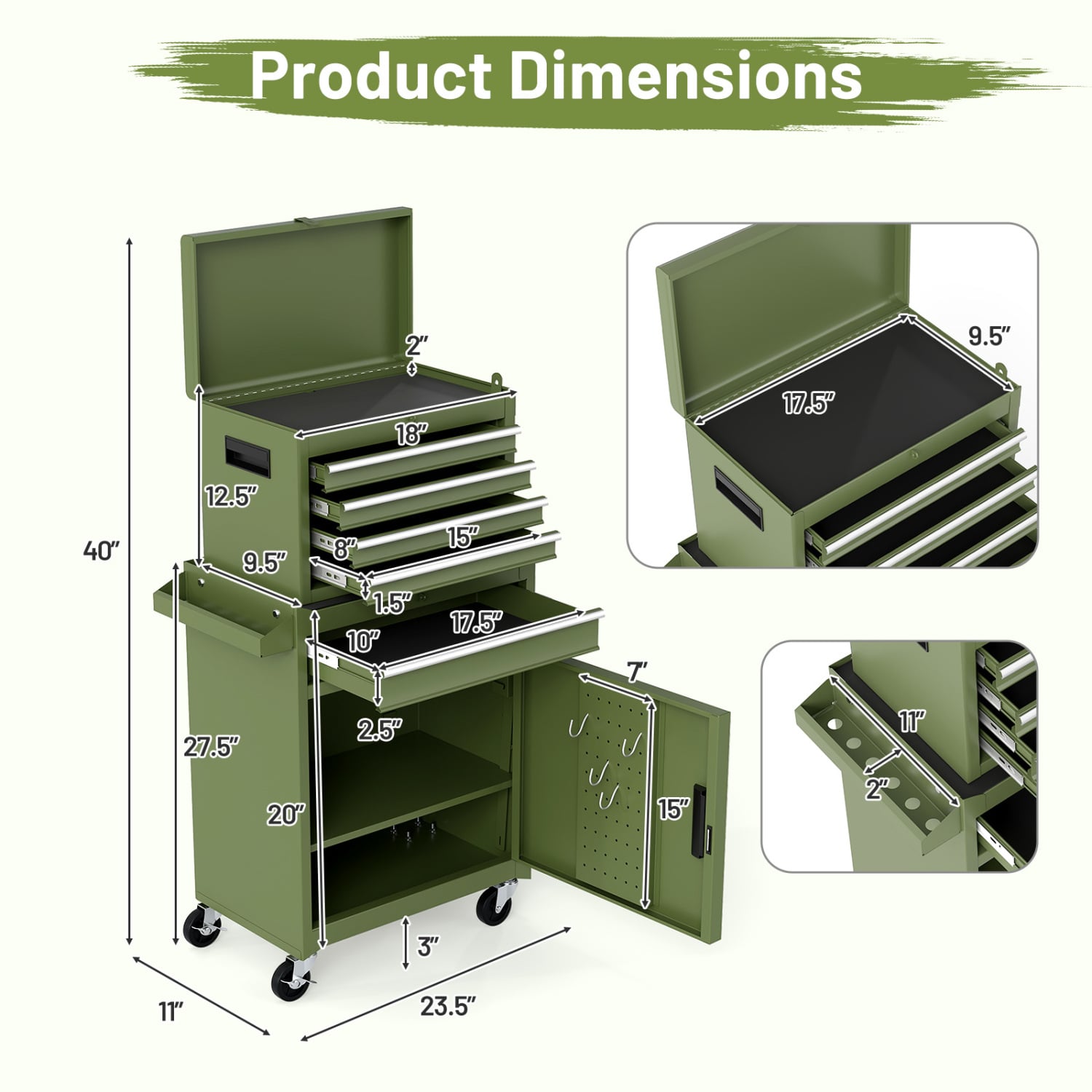 2-In-1 Rolling Tool Chest, 5 Sliding Lockable Drawers, Green Garages at Gallery Canada