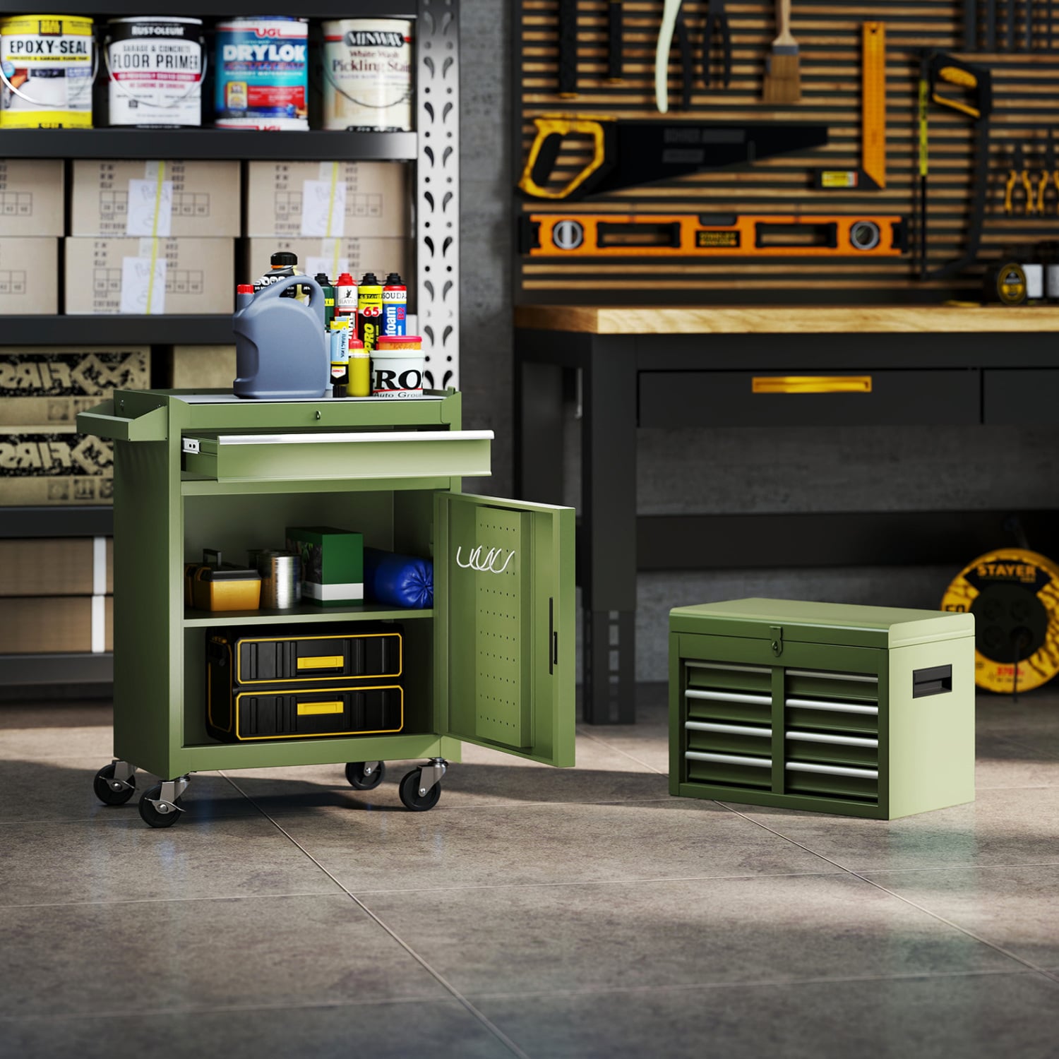 2-In-1 Rolling Tool Chest, 5 Sliding Lockable Drawers, Green Garages at Gallery Canada