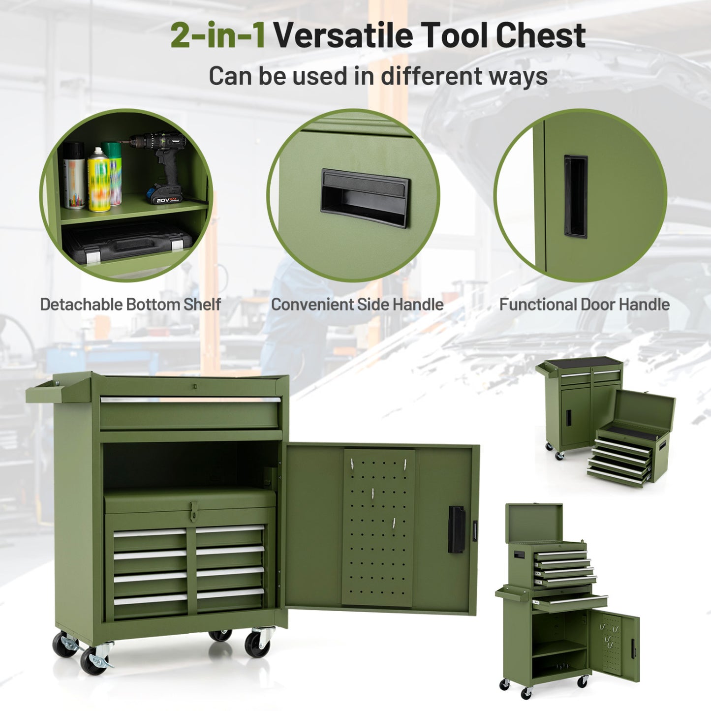 2-In-1 Rolling Tool Chest, 5 Sliding Lockable Drawers, Green Garages at Gallery Canada