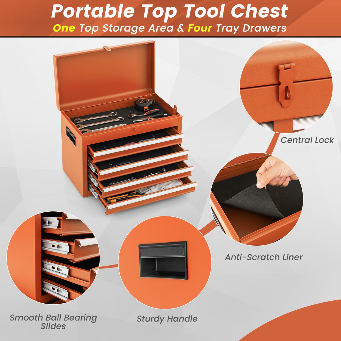 Coffre à outils roulant 2-en-1, 5 tiroirs coulissants verrouillables, Orange