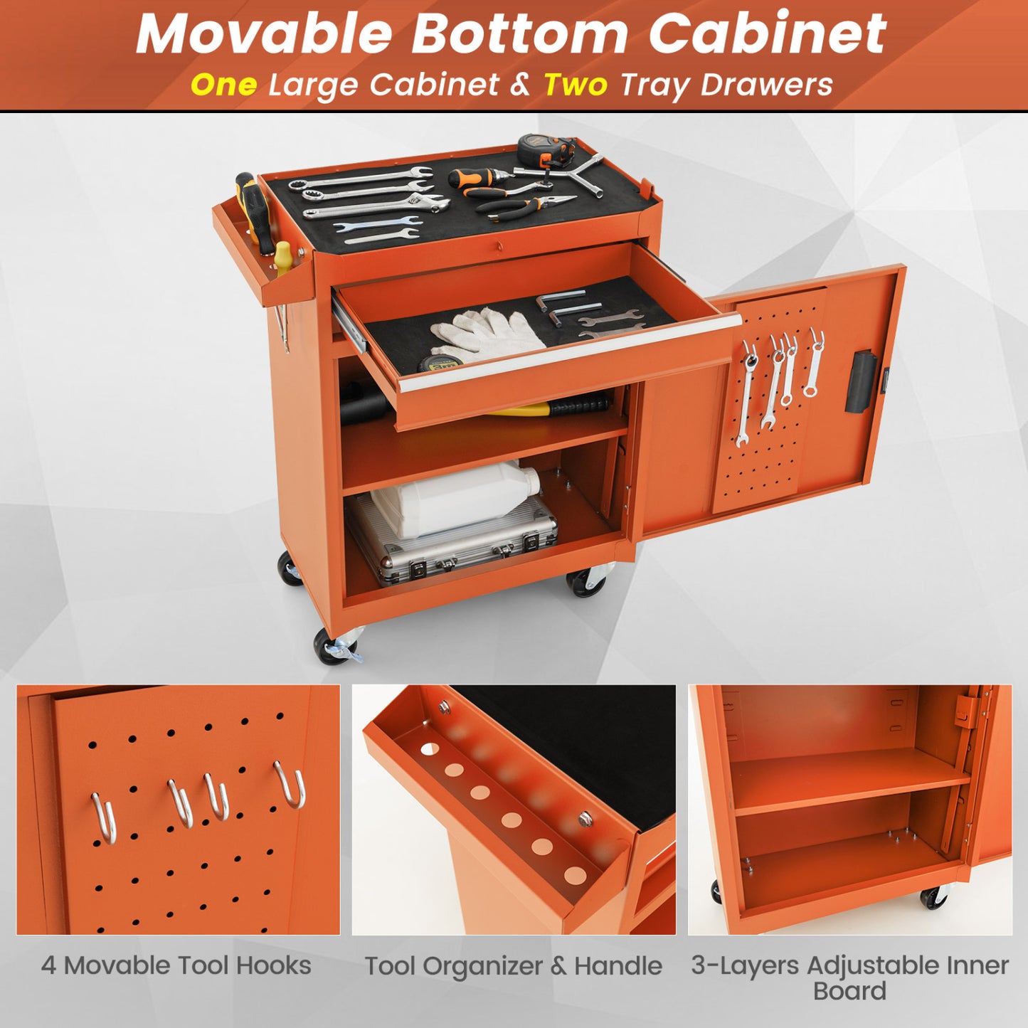 Coffre à outils roulant 2-en-1, 5 tiroirs coulissants verrouillables, Orange