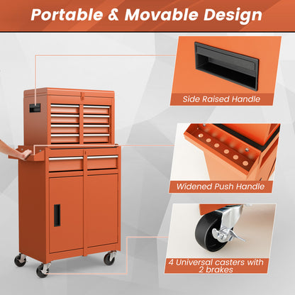 Coffre à outils roulant 2-en-1, 5 tiroirs coulissants verrouillables, Orange