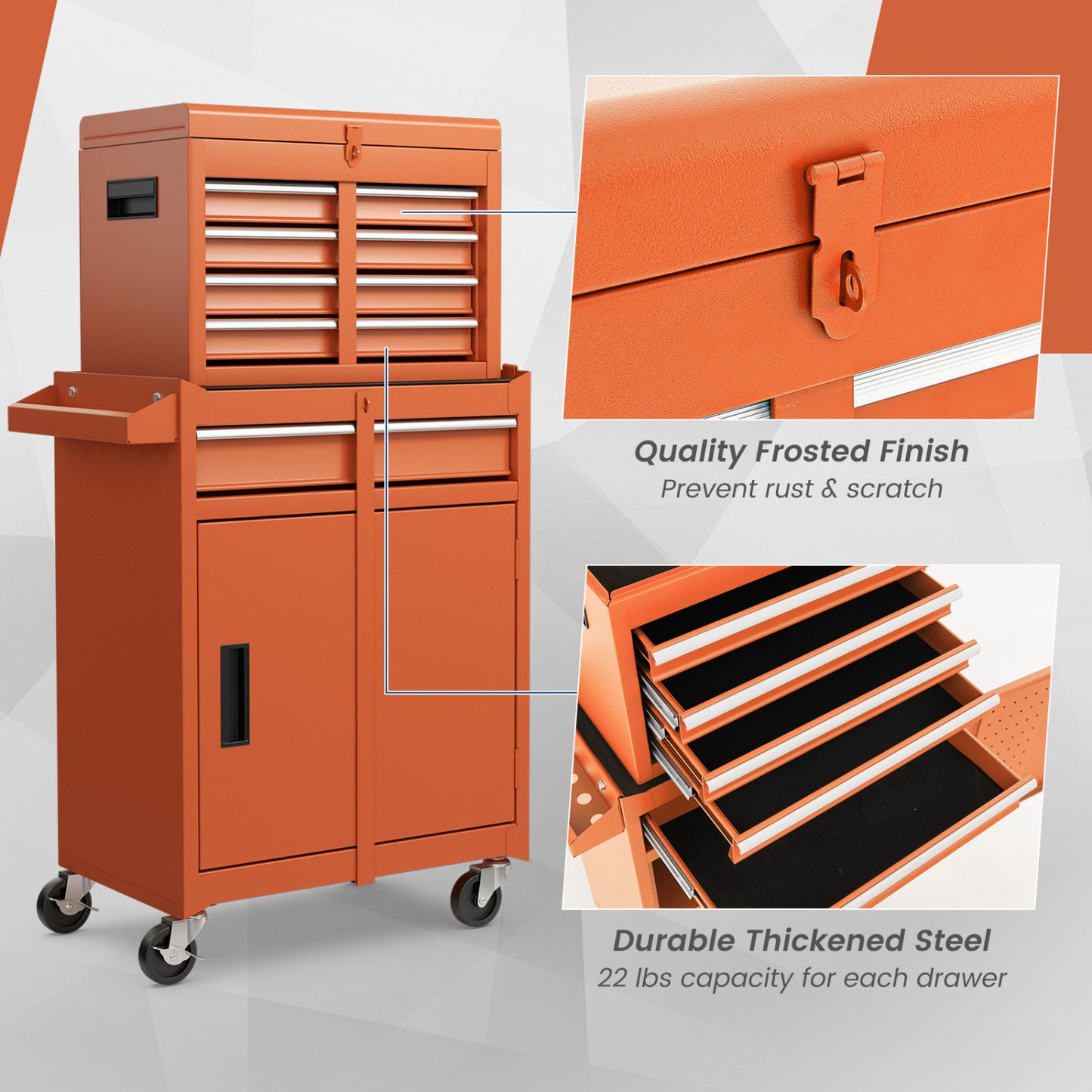 Coffre à outils roulant 2-en-1, 5 tiroirs coulissants verrouillables, Orange