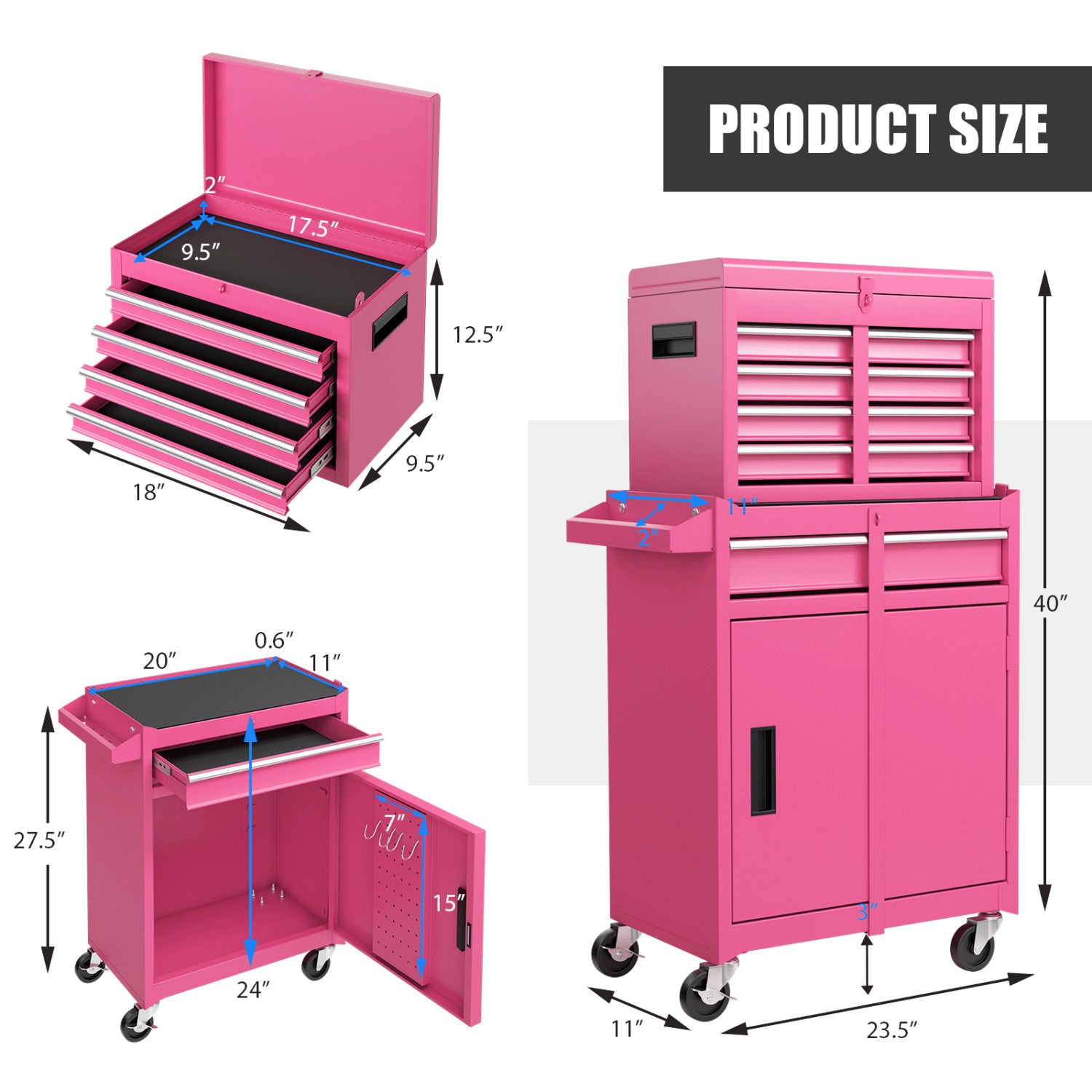 2-in-1 Rolling Tool Chest, 5 Sliding Lockable Drawers, Pink Garages at Gallery Canada