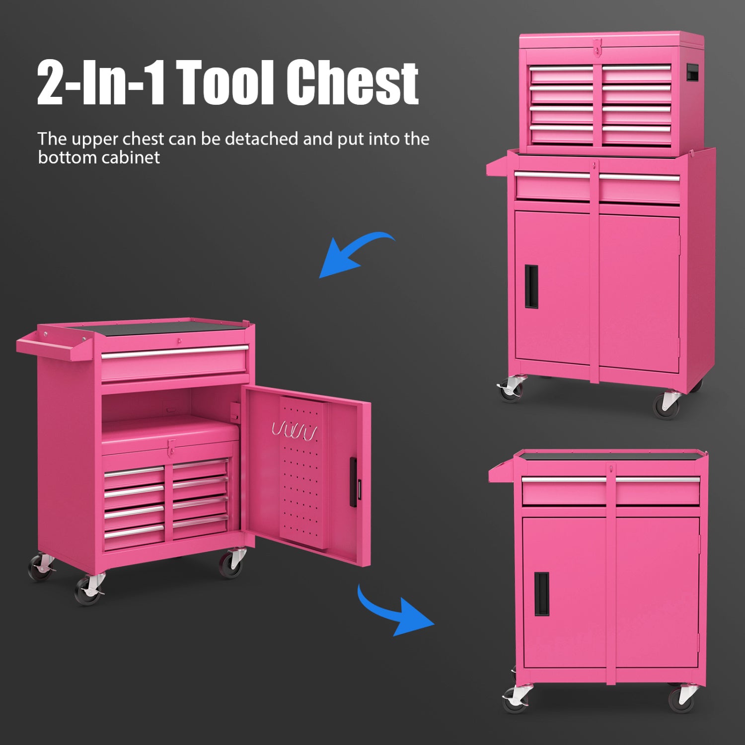 2-in-1 Rolling Tool Chest, 5 Sliding Lockable Drawers, Pink Garages at Gallery Canada